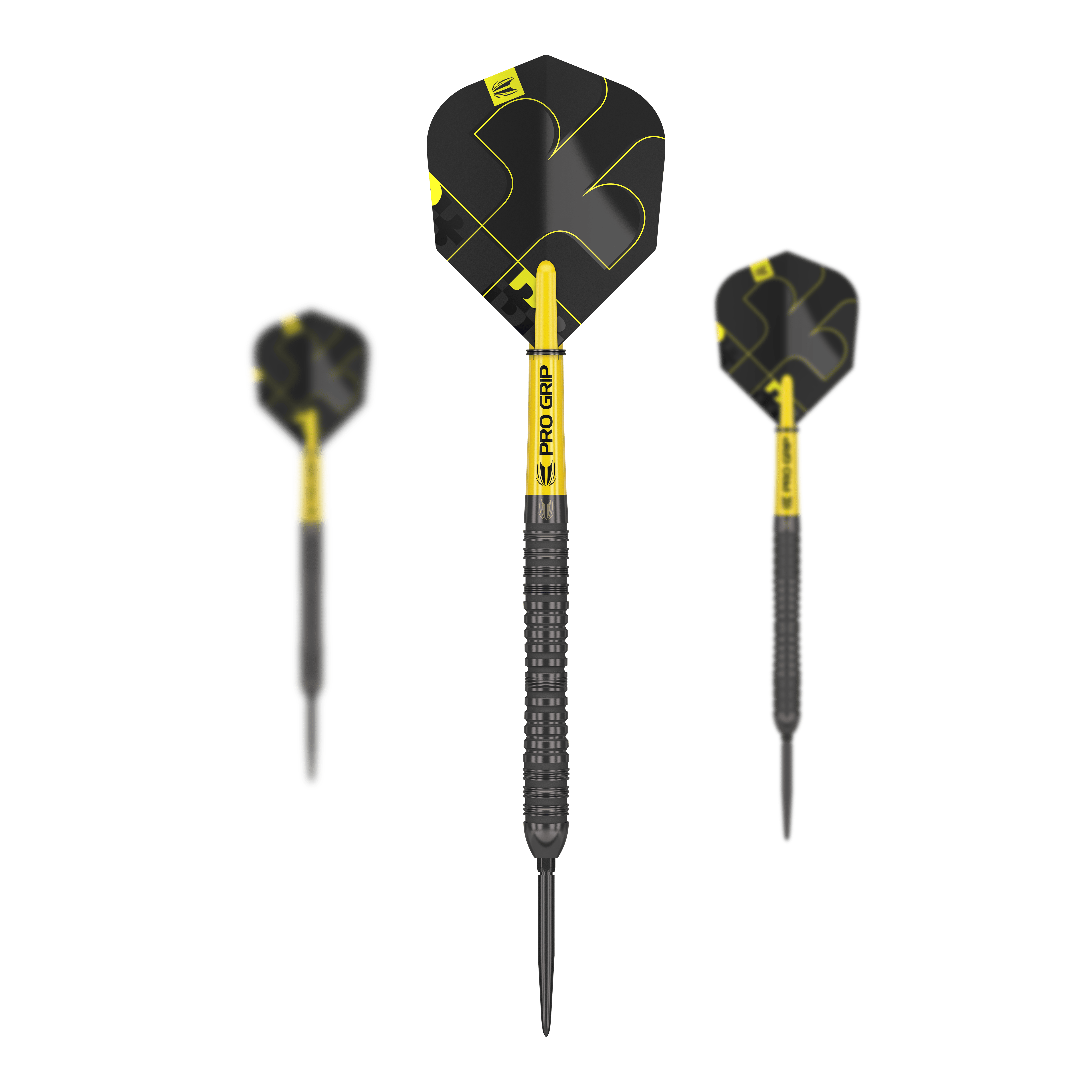 Target Bolide Void 04 Swiss Point steel darts Das Bild zeigt drei Steeldarts des Modells "Target Bolide Void 04 Swiss Point". Die Darts sind schwarz-gelb und haben ein modernes, markantes Design.
