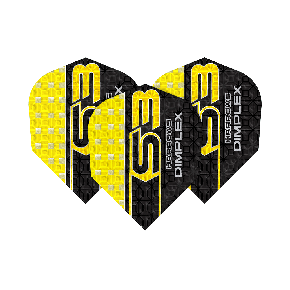 Harrows Dimplex S3 Flights - Yellow Das Bild zeigt drei gelbe und schwarze Dartflights des Modells "Harrows Dimplex S3". Auf den Flights steht der Schriftzug "S3 HARROWS DIMPLEX".