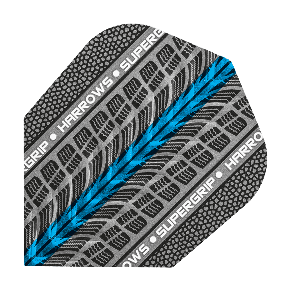 HR75_Harrows_Supergrip_Blau_No6_Flights_1 Das Bild zeigt ein Dart-Flight mit dem Namen "Harrows Supergrip Blau No6 Flights". Das Design besteht aus einem schwarzen und grauen Muster mit einem blauen Streifen und weißen Schriftzügen.