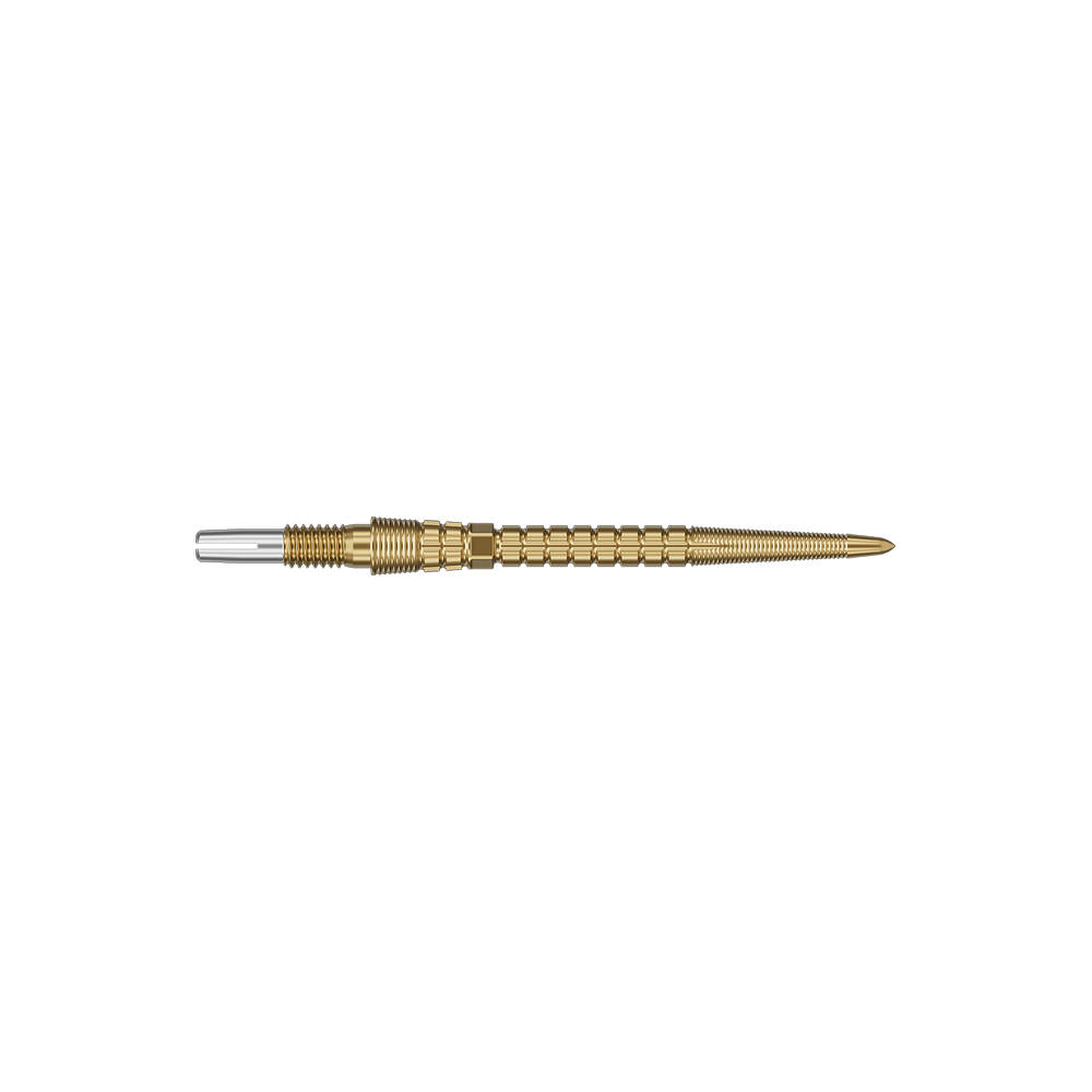 Target Chrono Swiss Storm Point Dart Tips - Gold Zwei goldfarbene Dartspitzen sind abgebildet. Sie liegen nebeneinander.