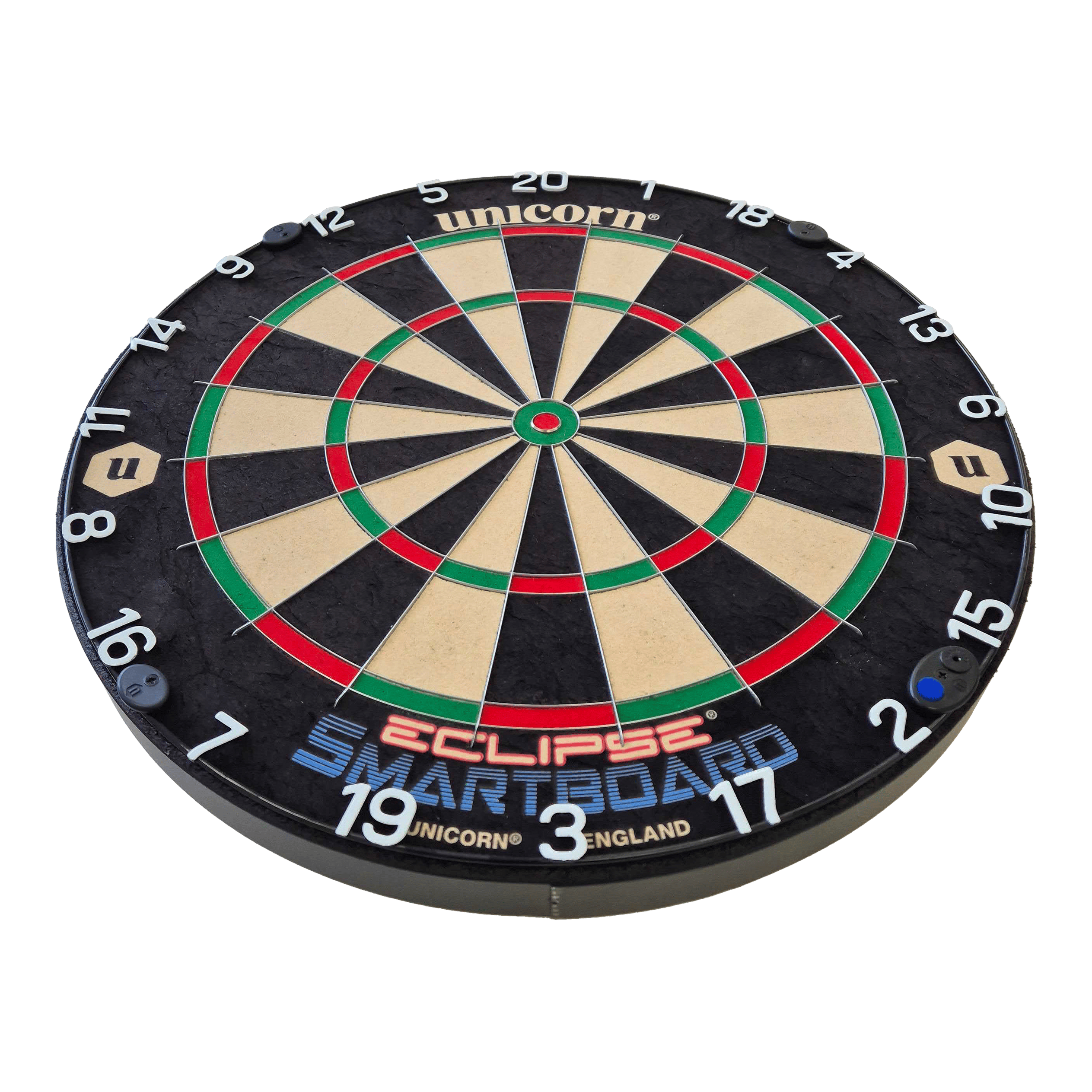 Unicorn Eclipse Smartboard steel dartboard Das Bild zeigt das Produkt "Unicorn Eclipse Smartboard Steeldartboard". Es ist eine runde Dartscheibe mit farbigen Segmenten und weißen Zahlen am Rand.