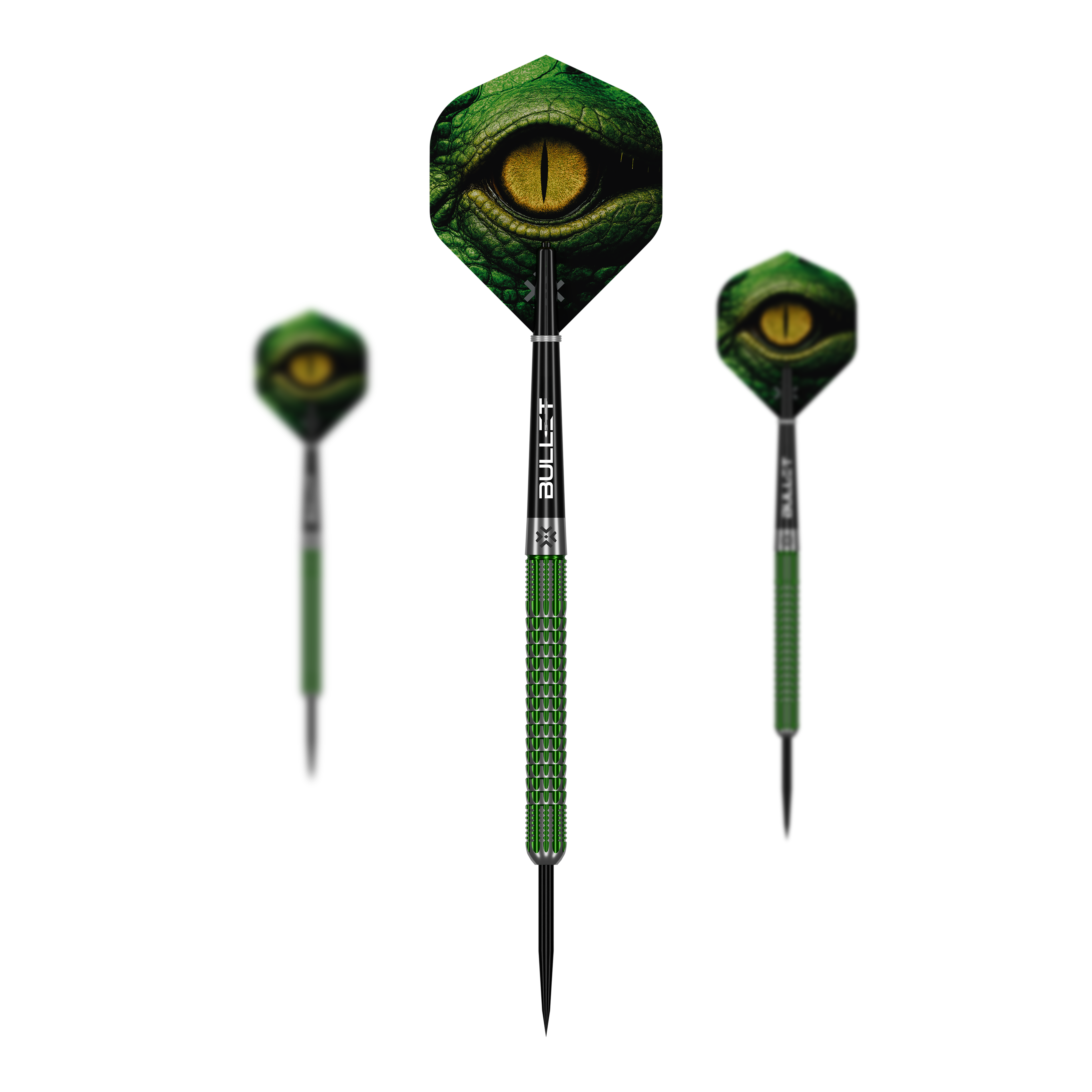 Abgebildet sind die Bullet Gator Steeldarts in einem Set. Die Darts sind für das Spiel mit Stahlspitzen geeignet.