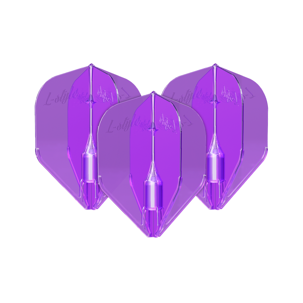 L-Style Fantom L3EZ Flights Purple Das Bild zeigt drei violette L-Style Fantom L3EZ Flights für Darts. Sie sind nebeneinander angeordnet und haben eine glänzende, transparente Oberfläche.