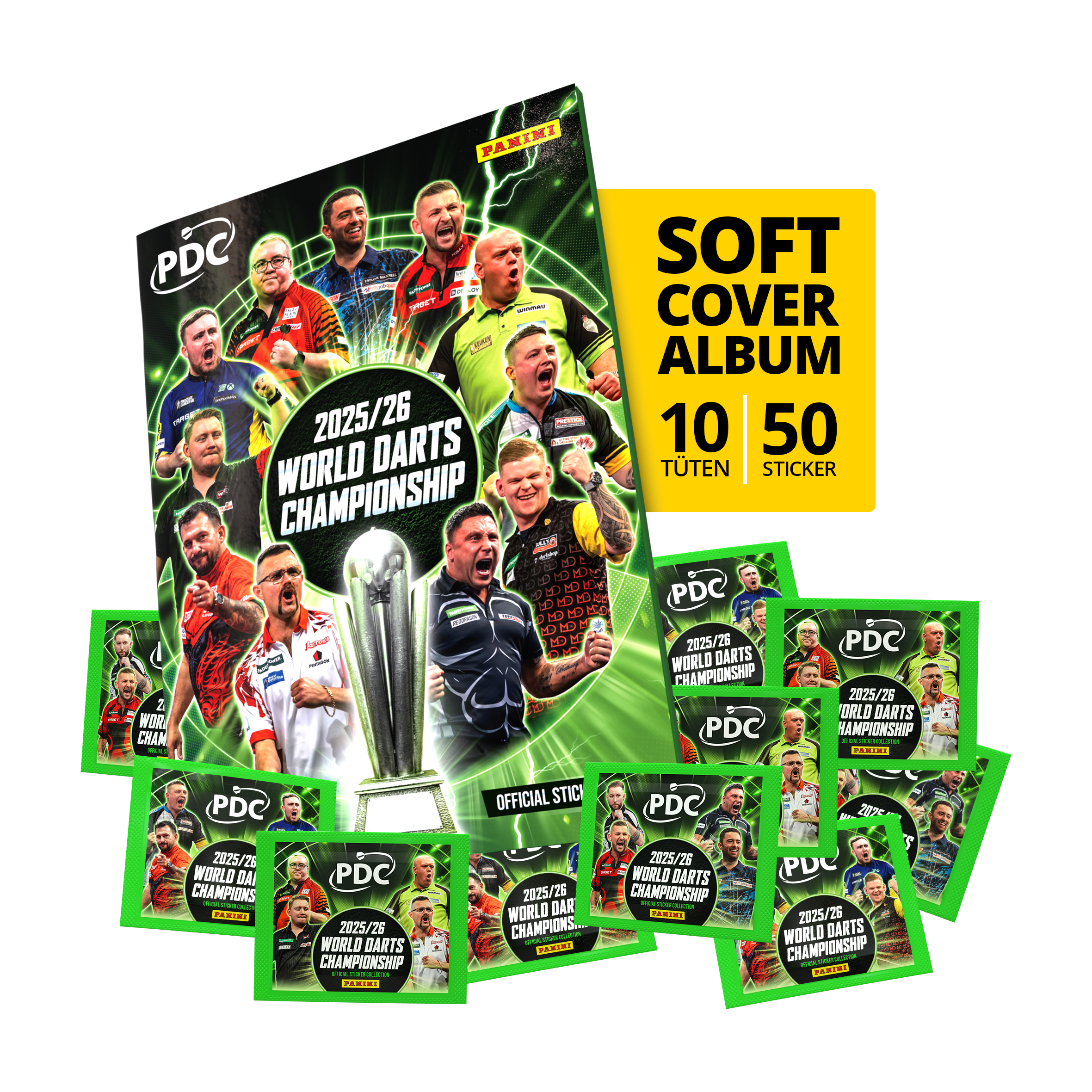 Panini PDC World Darts Championship 2025/26 - Softcover Starter Bundle with 10 Sticker Packs Abgebildet ist das Panini PDC World Darts Championship 2025/26 - Softcover Starter Bundle mit 10 Sticker Packs. Das Starter-Bundle eignet sich ideal für Einsteiger und Darts-Fans.