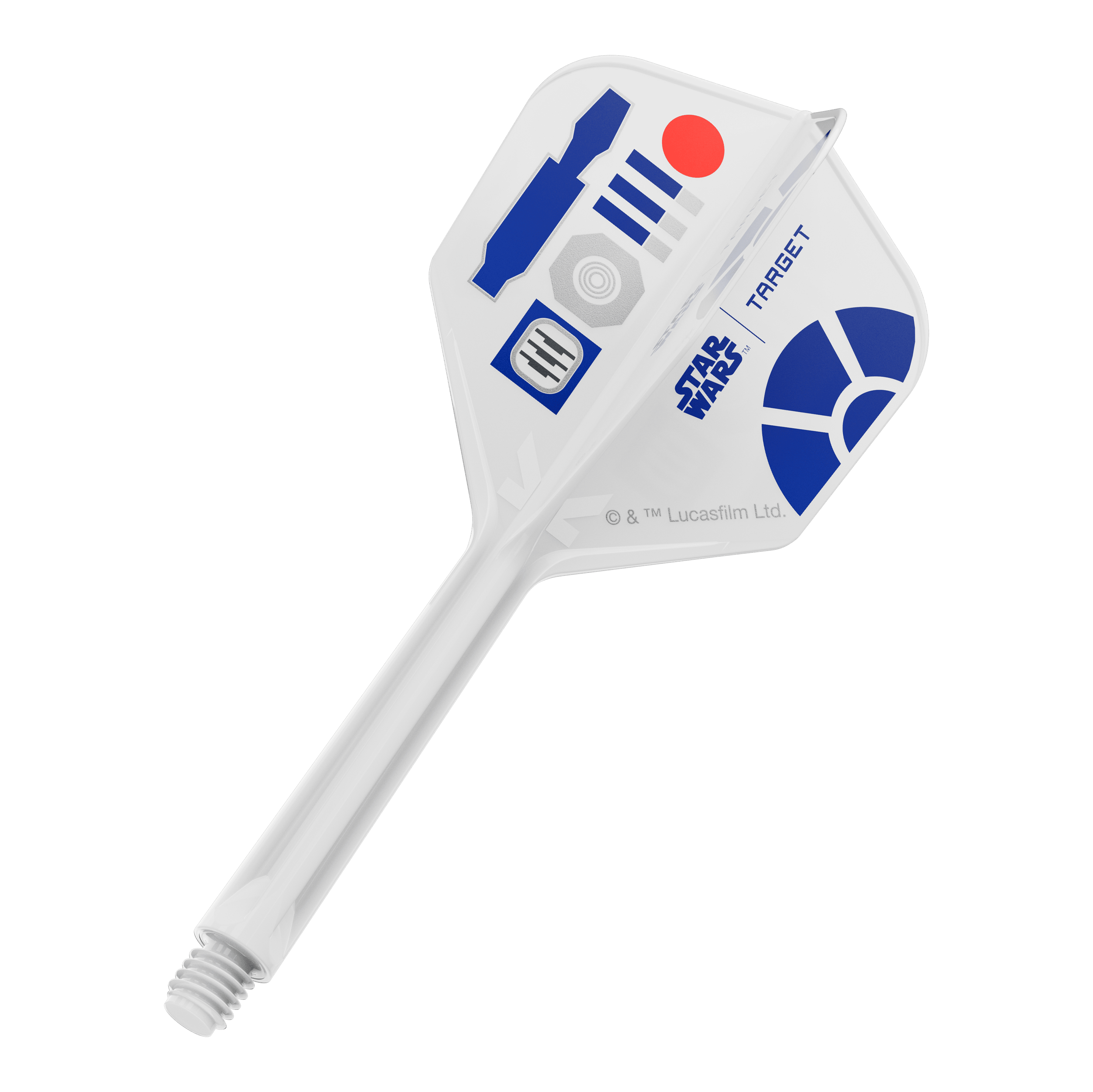 Target Star Wars K-Flex R2D2 No6 Flights Das Bild zeigt ein Produkt mit dem Dateinamen 410512_Target_StarWars_KFlex_R2D2_No6_Flights_Medium_33mm_1. Es dürfte ein Dart-Flight im Star Wars Design sein.