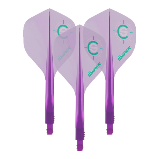 Das Bild zeigt drei lilafarbene Dart-Flights des Modells „Condor Axe 120 Connor Scutt Sniper Clear Purple“. Auf den Flights ist ein grünes Ziel-Logo sowie das Wort „Sniper“ zu sehen.