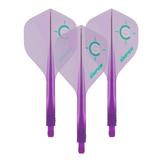 Condor Ax 120 Connor Scutt Sniper Clear Purple Flight System - Standard Das Bild zeigt drei lilafarbene Dart-Flights des Modells „Condor Axe 120 Connor Scutt Sniper Clear Purple“. Auf den Flights ist ein grünes Ziel-Logo sowie das Wort „Sniper“ zu sehen.
