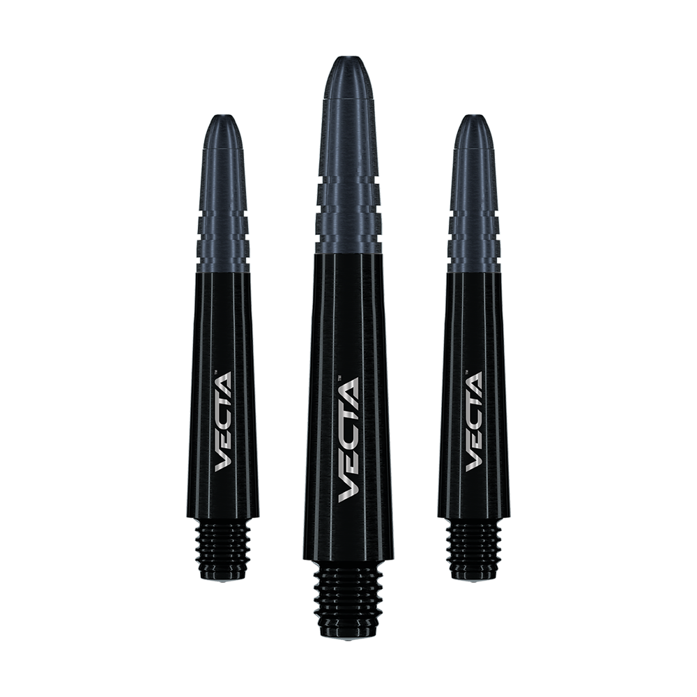 Winmau Vecta Shafts - Black Auf dem Bild sind drei schwarze Dart-Schäfte mit der Aufschrift "Vecta" zu sehen. Sie sind unterschiedlich groß und haben ein modernes, glänzendes Design.