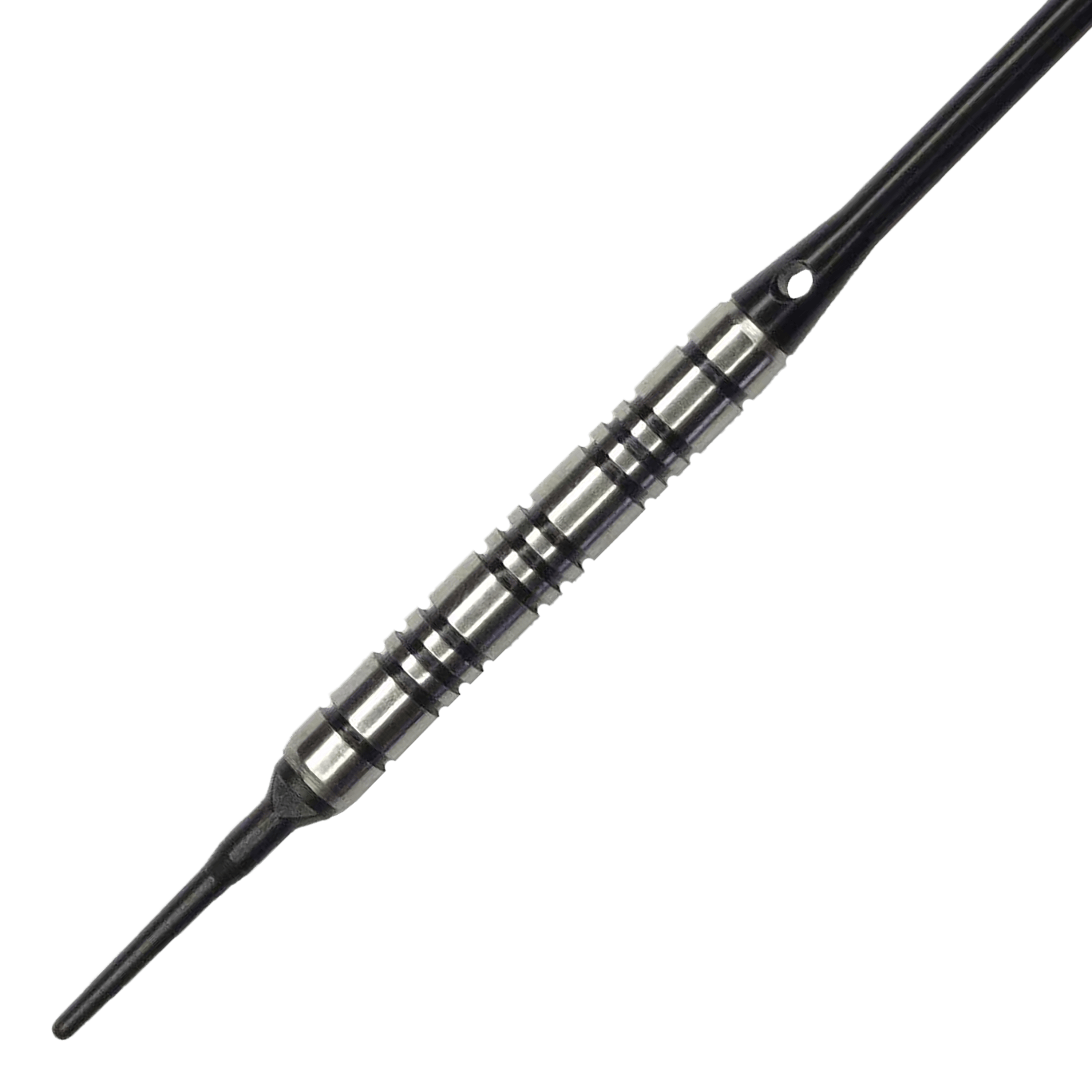 McDart 85 Tungsten V2 soft darts - 17g Das Bild zeigt einen McDart 85er Tungsten V2 Softdart mit einem Gewicht von 17g. Der Dart besteht aus silbernem Metall mit schwarzen Rillen und besitzt eine schwarze Kunststoffspitze.