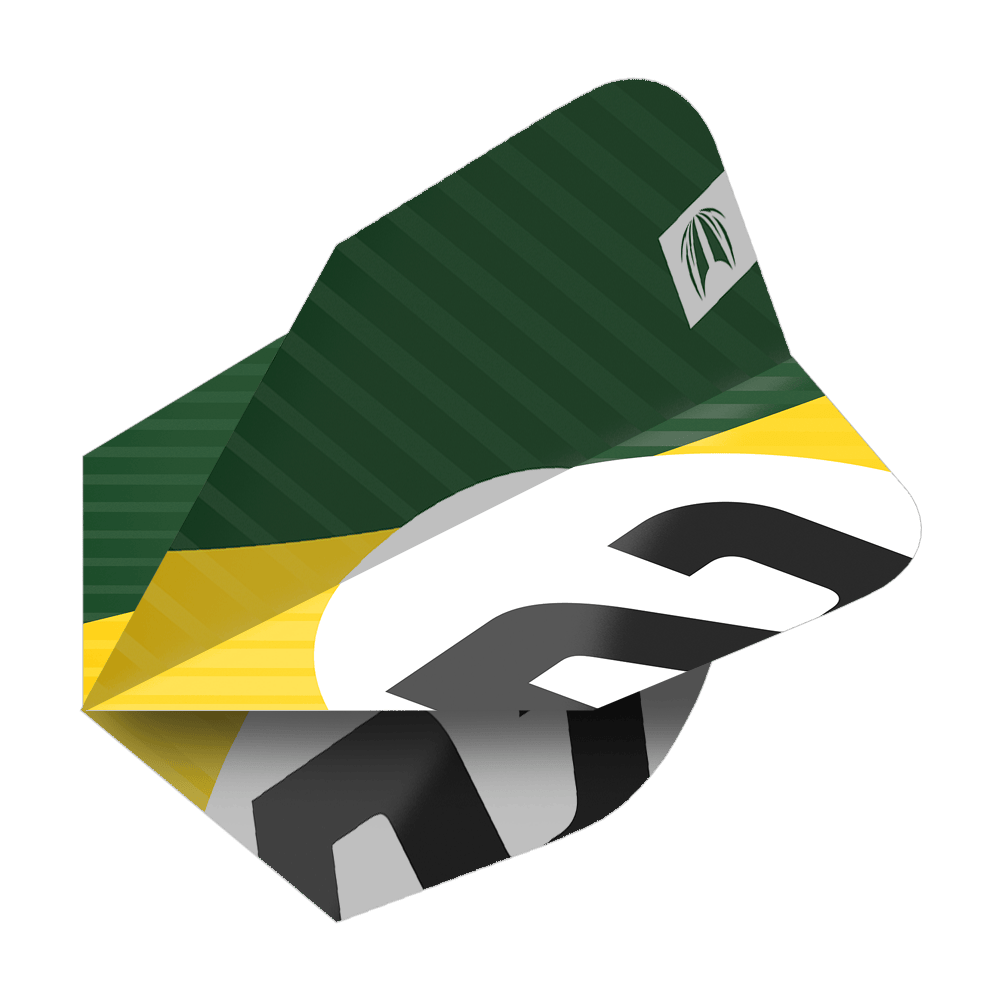 337209_Target_ProUltra_3Sets_Chicane_Green_Ten-X_Flights_2jiFHXf12YQdOR Das Bild zeigt das Produkt "Target Pro Ultra Chicane Green Ten-X Flights - 3 Sets". Die Flights sind überwiegend grün mit gelben und weißen Akzenten sowie einem markanten schwarzen Aufdruck.