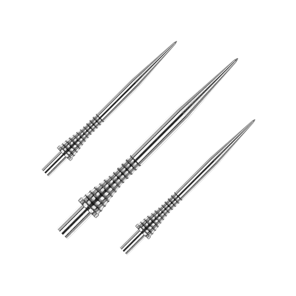 Red Dragon Raptor Gripped Silver steel dart tips 38mm Das Bild zeigt drei silberne Steeldartspitzen mit geriffeltem Griffdesign. Es handelt sich um das Produkt "Red Dragon Raptor Gripped Silver Steeldartspitzen 38mm".