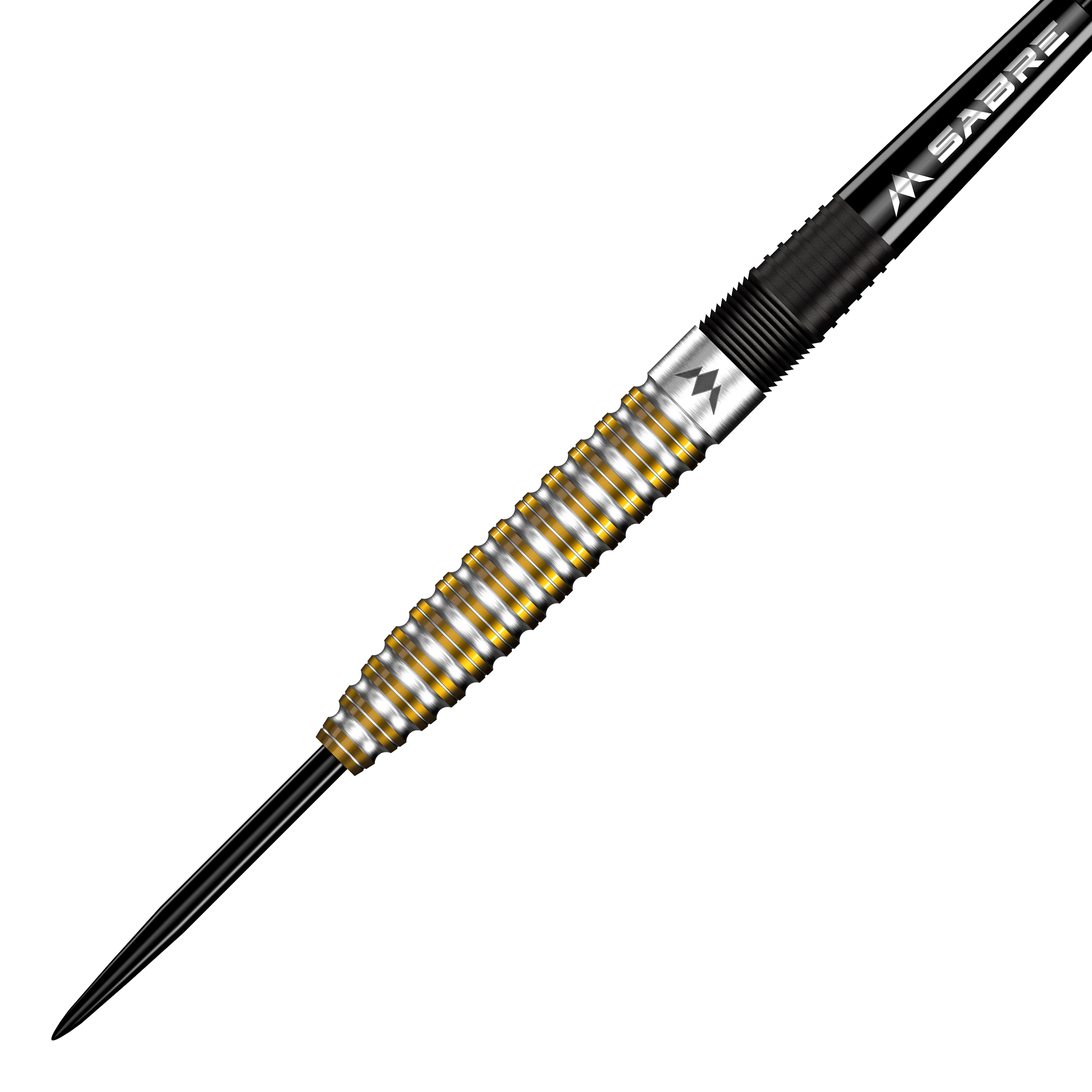 Mission Oskar Lukasiak Black Gold PVD Steeldarts - 22g Das Bild zeigt einen Steeldart mit silbernen und goldenen Rillen auf dem Barrel. Es handelt sich um den "Mission Oskar Lukasiak Black Gold PVD Steeldart - 22g".