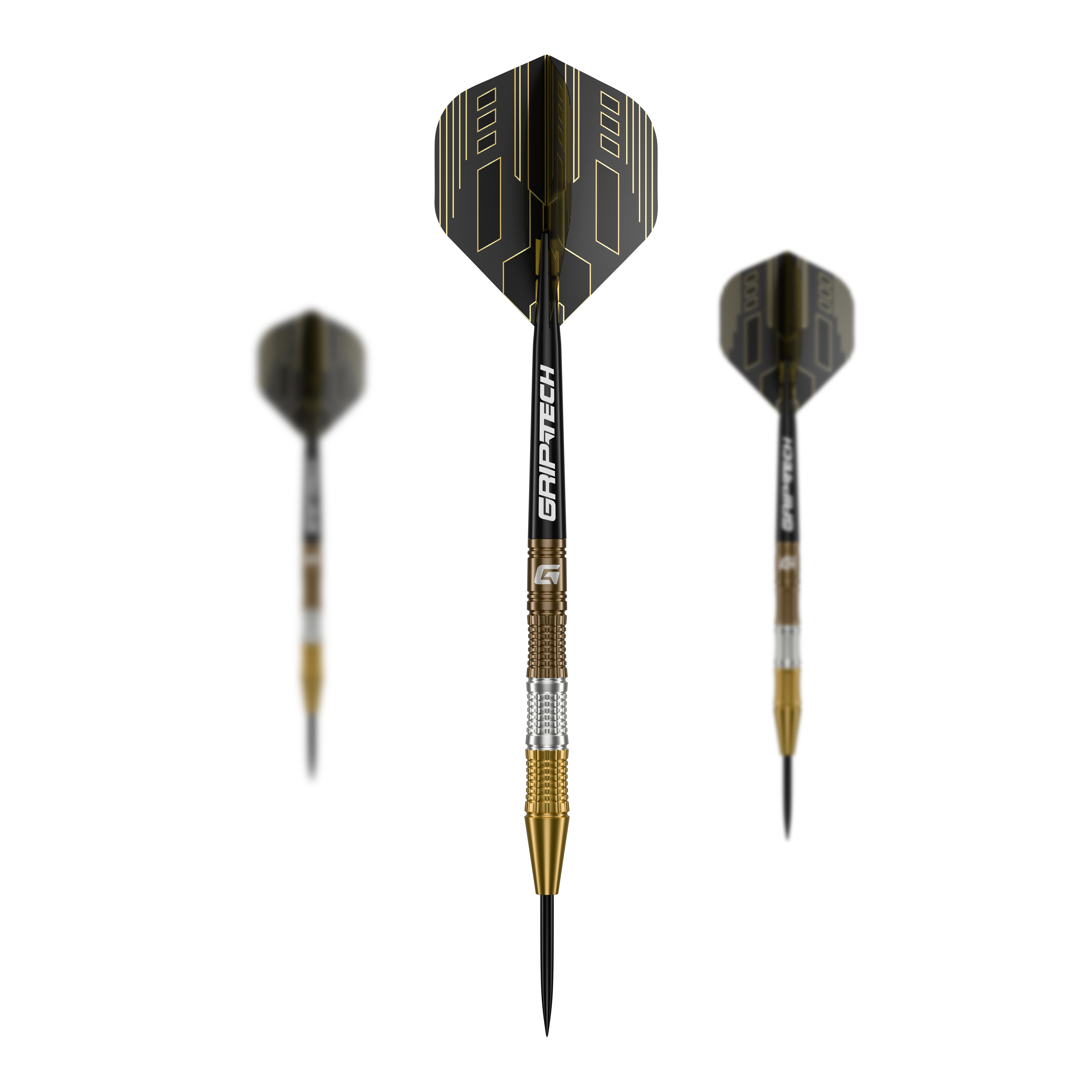 GOAT Ceremony Tungsten Steel Darts Das Bild zeigt drei "GOAT Ceremony Tungsten Steeldarts" mit schwarzen und goldenen Elementen. Der mittlere Dart ist im Fokus und zeigt den Schriftzug "GRIP-TECH" auf dem Schaft.