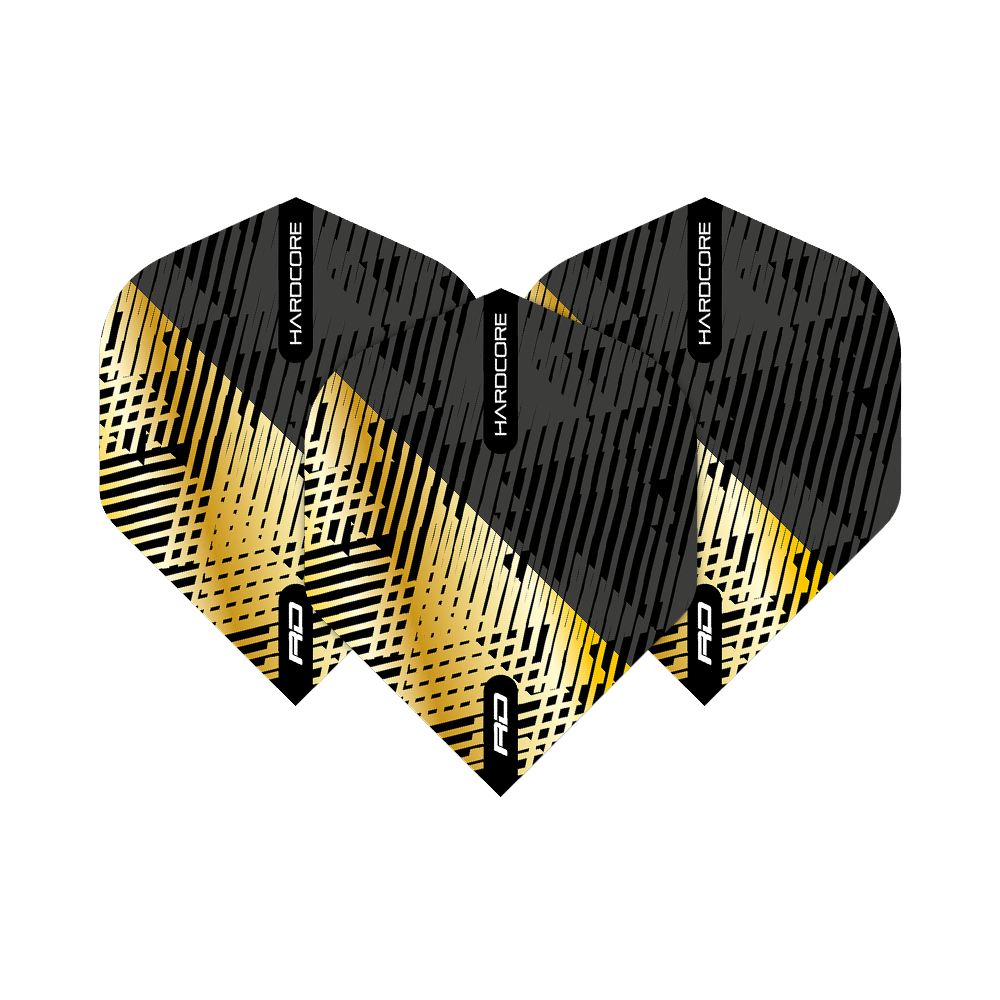 Das Bild zeigt die Red Dragon Hardcore Premium Gold Black Fleck Standard Flights. Die Flights haben ein modernes Design in Schwarz und Gold mit auffälligen Linienmustern.