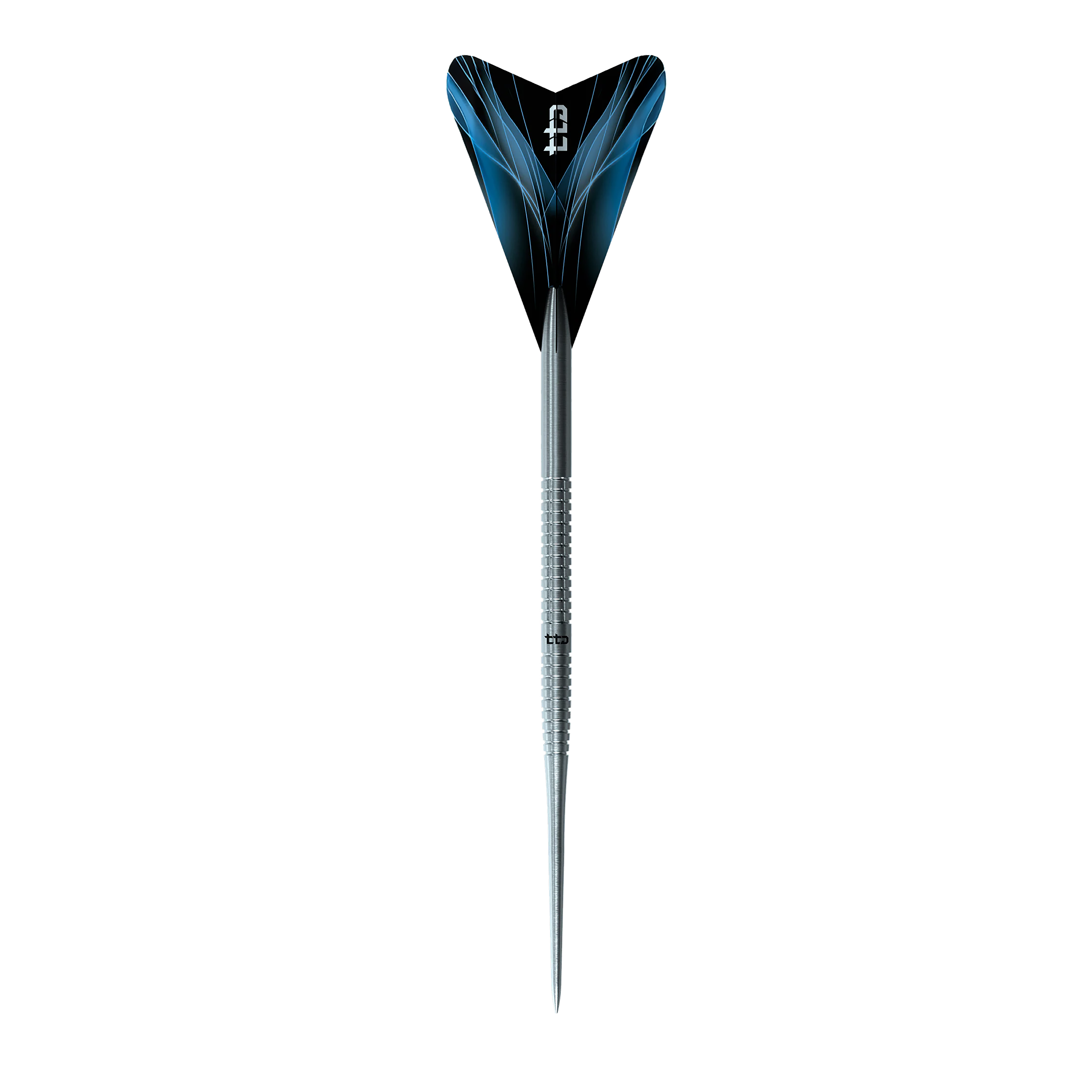 Abgebildet sind die Caliburn TTD Complete Titanium T1 Silver Steeldarts - 5g. Diese silbernen Titan-Darts eignen sich für Profis und Einsteiger.