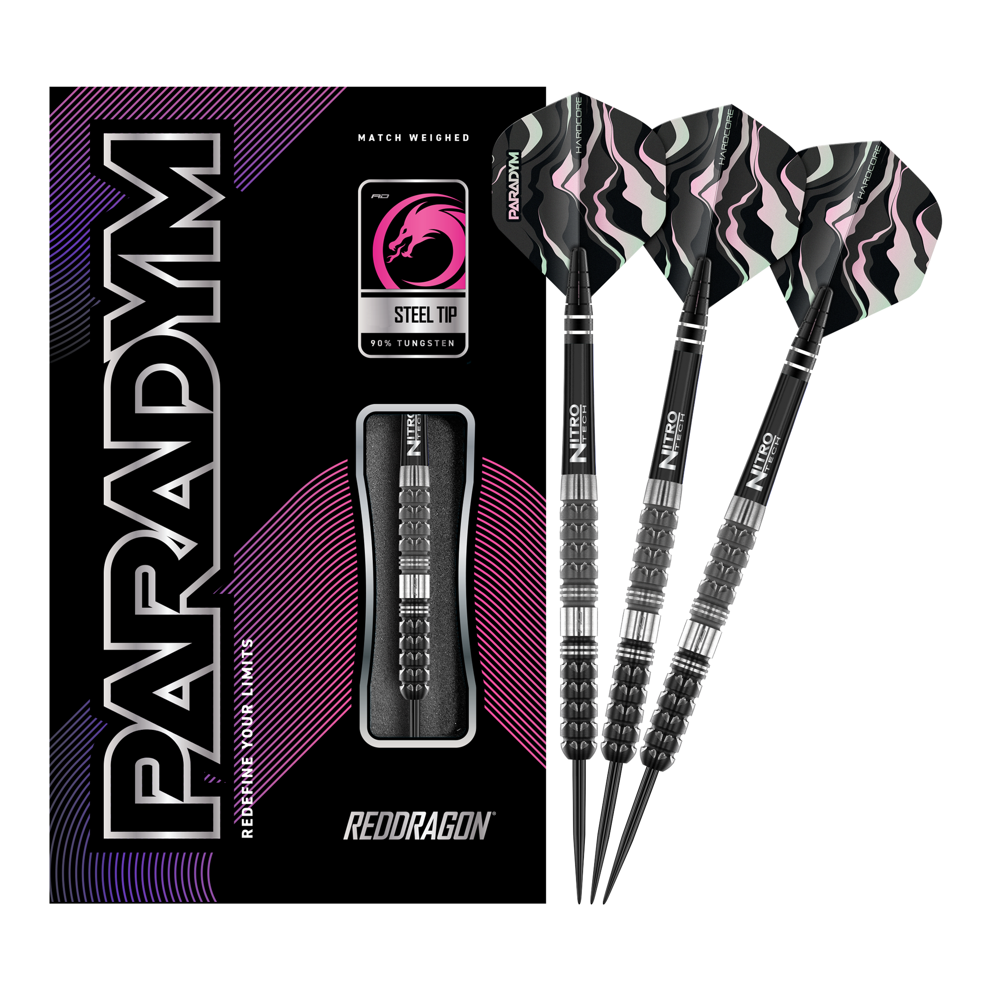 Red Dragon Paradym Tapered Steel Darts Das Bild zeigt das Produkt "Red Dragon Paradym Tapered Steeldarts" mit einer schwarzen Verpackung und drei Steeldarts. Die Darts haben schwarze, silberne und rosafarbene Details sowie auffällige Flights.