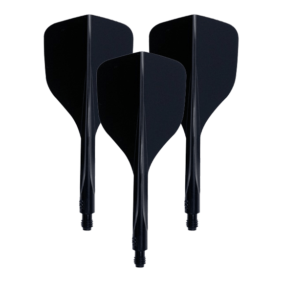 Condor Ax 120 Flight System Black - Small Das Bild zeigt drei schwarze Dart-Flights mit integriertem Schaft. Es handelt sich um das Produkt "Condor Axe 120 Flight-System Schwarz - Small".