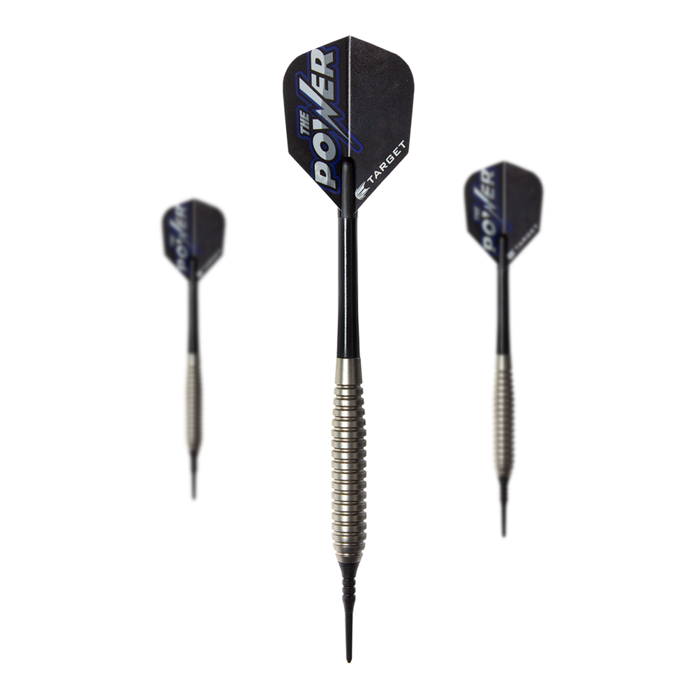 Das Bild zeigt drei Softdarts des Modells "Target Phil Taylor Power Silverlight". Die Darts haben silberne Griffe und schwarze Flights mit der Aufschrift "The Power".