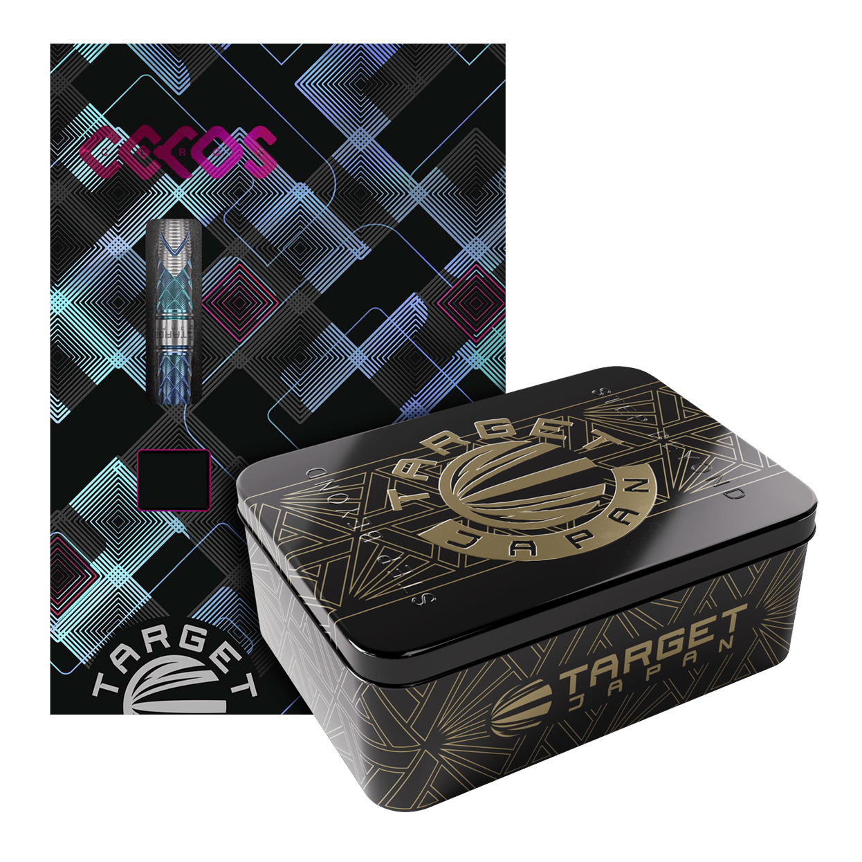 Target Japan Kaze Series Ceros 03 Soft Darts - 19g Das Bild zeigt die "Target Japan Kaze Series Ceros 03 Softdarts - 19g" in einer dekorativen Verpackung. Neben der bunten Kartonverpackung steht eine elegante schwarze Metallbox mit goldenen Verzierungen.