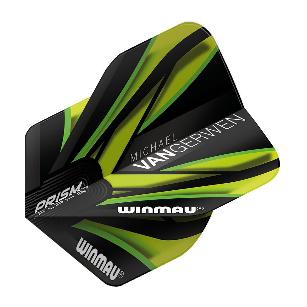 Das Bild zeigt einen Dart-Flügel der Marke Winmau in Schwarz und Grün mit den Worten "PRISM", "WINMAU" und "MICHAEL VAN GERWEN" darauf. Das Design ist modern und auffällig mit grünen und gelben Akzenten.