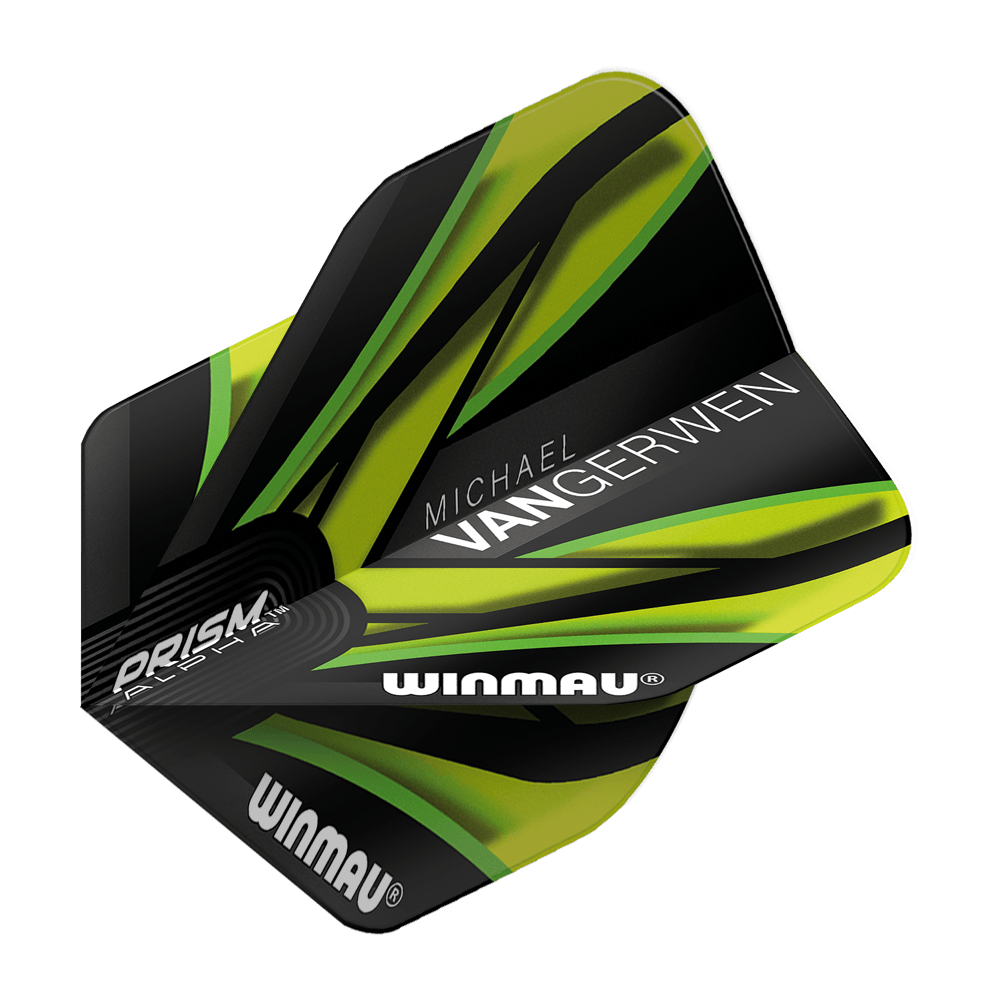 6915-145_Winmau_Prism_Alpha_MvG_Black_Green_V2_Standard_Flights_2 Das Bild zeigt einen Dart-Flügel der Marke Winmau in Schwarz und Grün mit den Worten "PRISM", "WINMAU" und "MICHAEL VAN GERWEN" darauf. Das Design ist modern und auffällig mit grünen und gelben Akzenten.