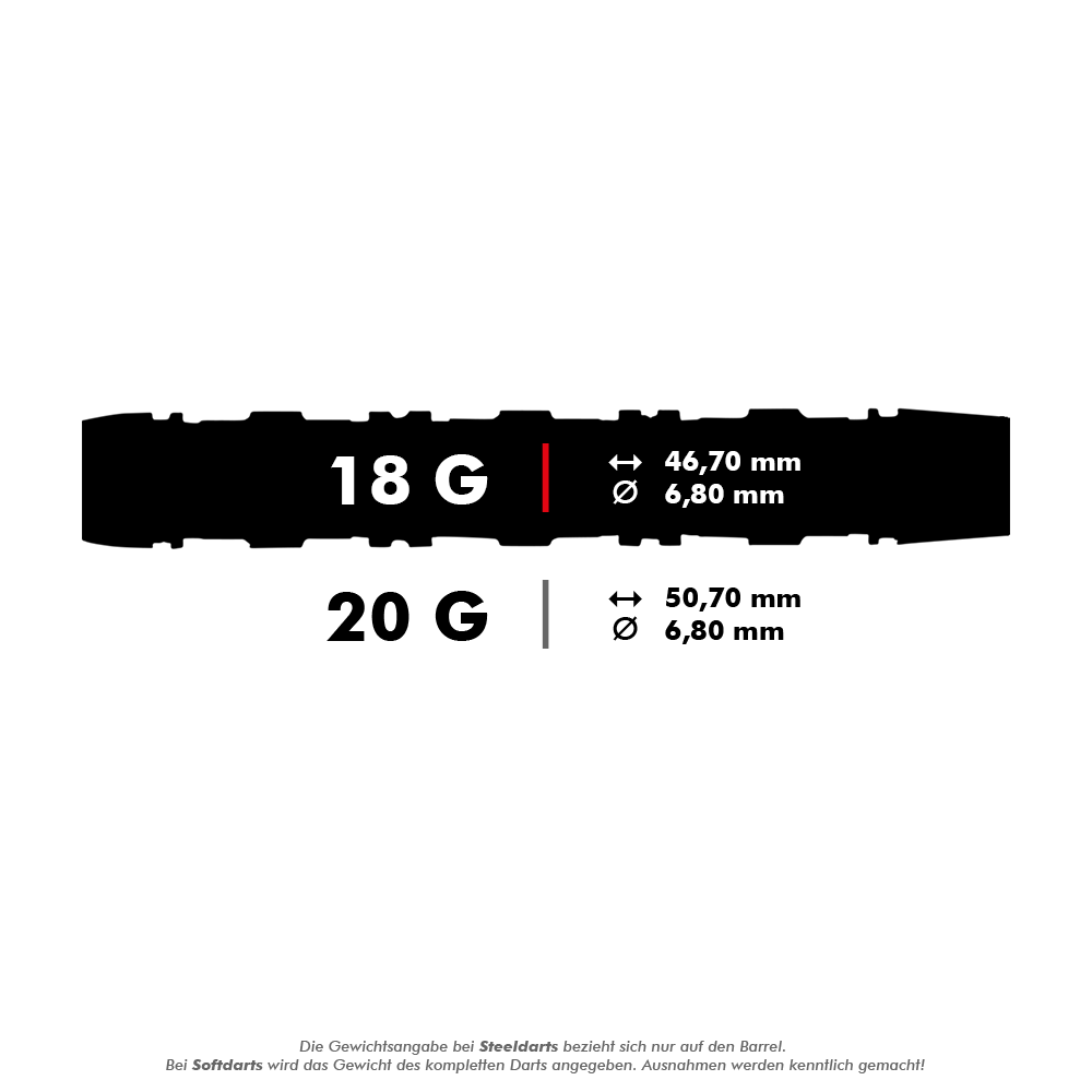 Unicorn Ballista Style 4 soft darts Das Bild zeigt die Maße und das Gewicht von zwei Dartpfeilen. Der 18-Gramm-Dart ist 46,70 mm lang, der 20-Gramm-Dart ist 50,70 mm lang, beide haben einen Durchmesser von 6,80 mm.
