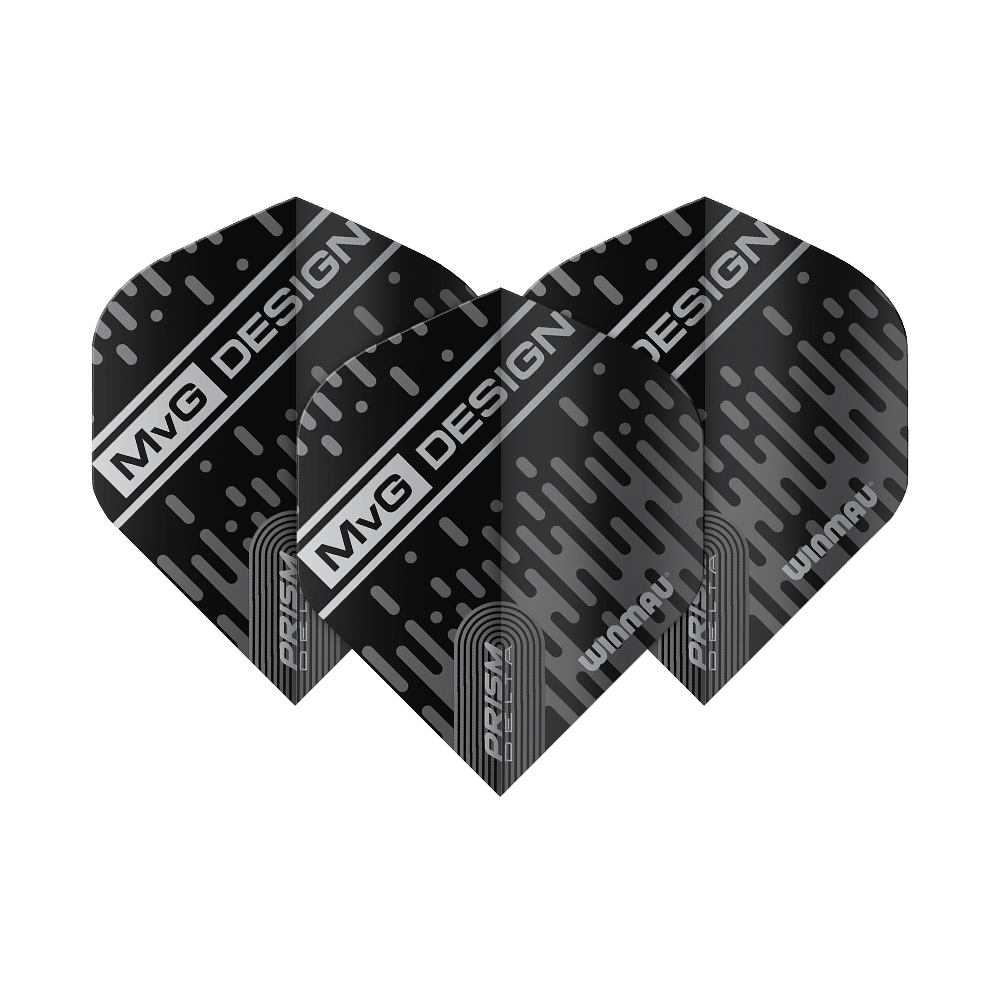 6915-214_Winmau_Prism_Delta_MvG_6915-214_Standard_Flights_17O2KiekynWPnE Das Bild zeigt die Winmau Prism Delta MvG 6915.214 Standard Flights. Sie sind schwarz mit silbernen Akzenten und dem Schriftzug "MvG DESIGN".
