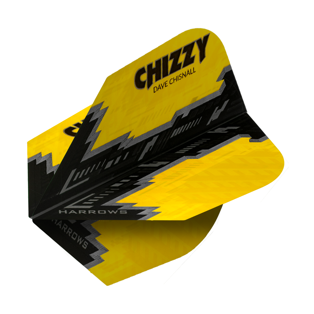 HR7531_Harrows_Dave_Chisnall_Prime_Gelb_Schwarz_No6_Flights_2 Das Bild zeigt ein Dartflight mit dem Namen "Harrows Prime Dave Chisnall Schwarz No6". Das Flight ist überwiegend gelb und schwarz und trägt den Schriftzug "CHIZZY DAVE CHISNALL".