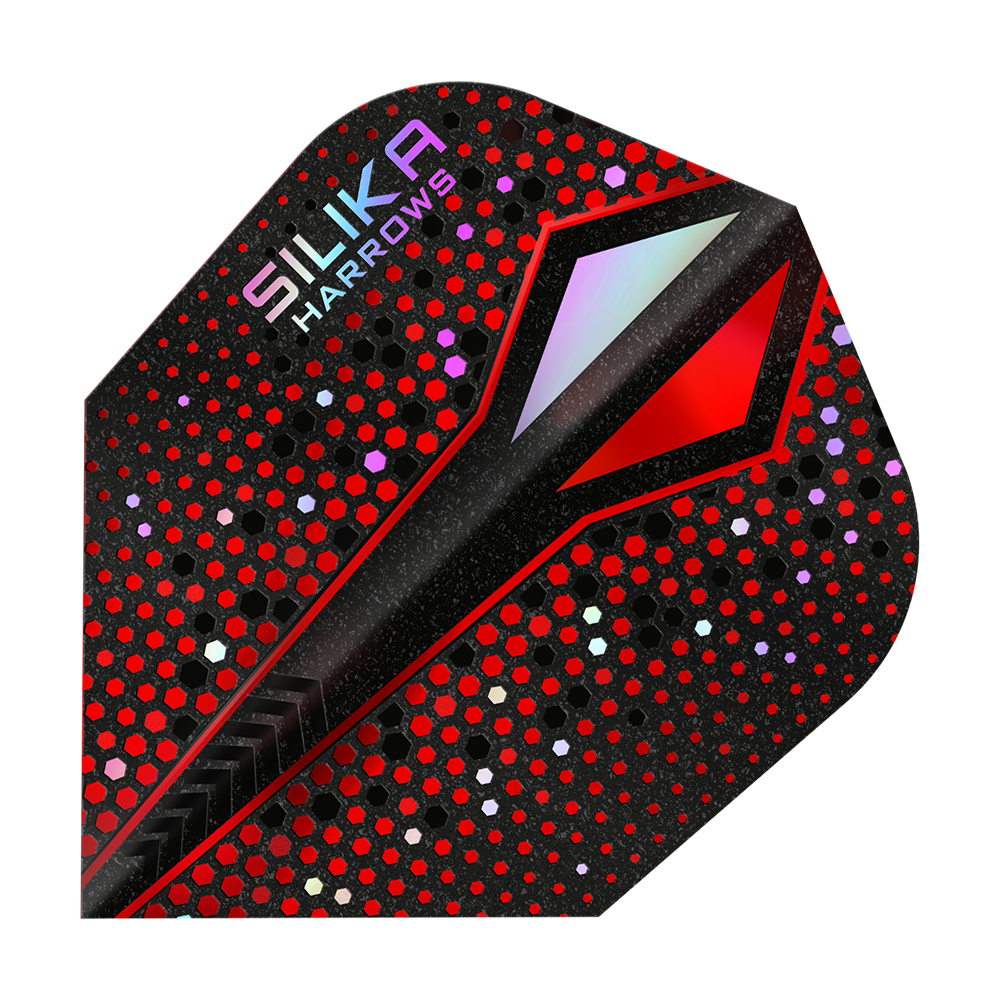 Das Bild zeigt ein Dart-Flight mit einem auffälligen roten und schwarzen Punktmuster. In der oberen Ecke steht der Schriftzug "Silika Harrows".