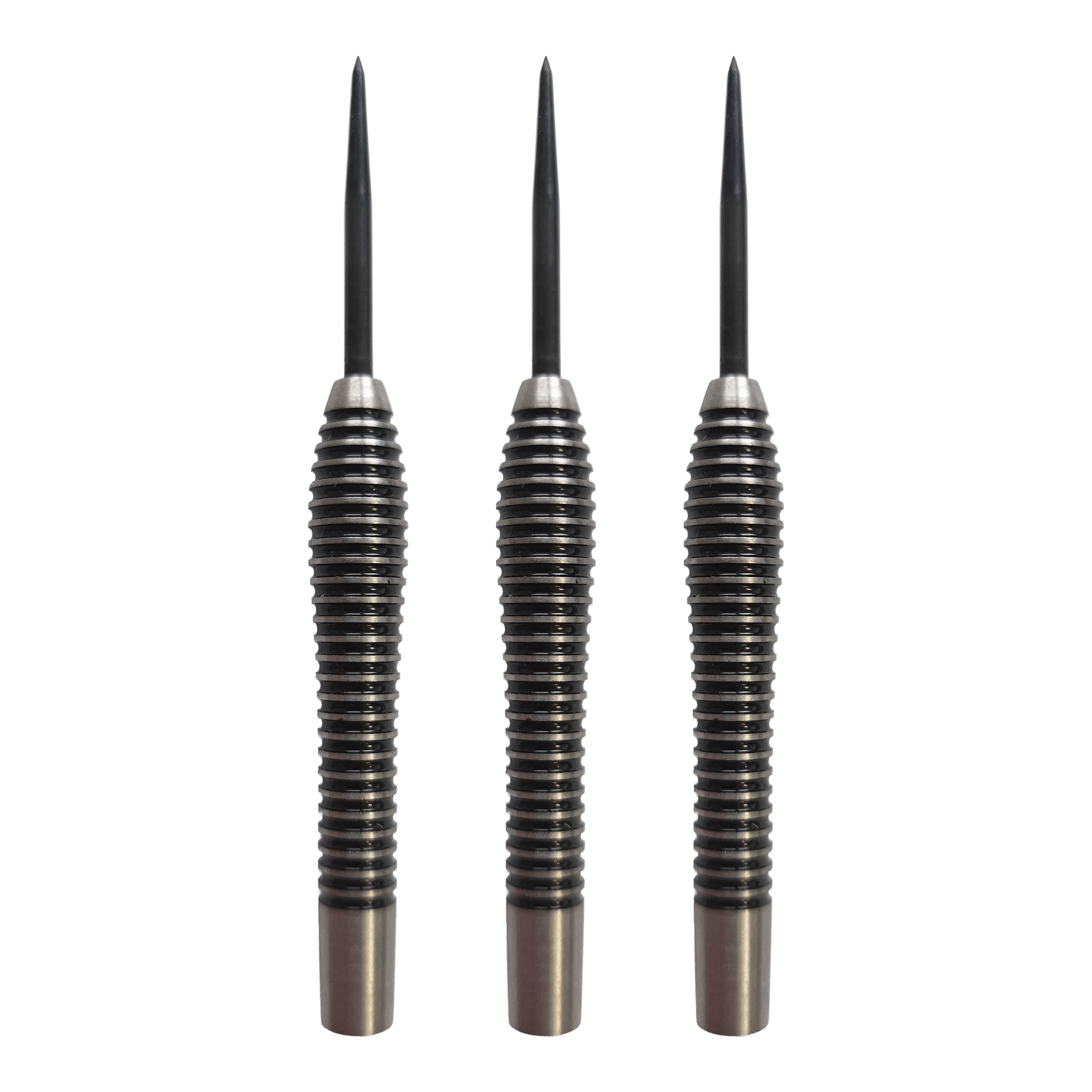 Abgebildet ist das Produkt McDart Black Ring Teardrop Steeldart-Barrels - 24g. Es handelt sich um ein Set von Steeldart-Barrels in schwarz mit Ringdesign.