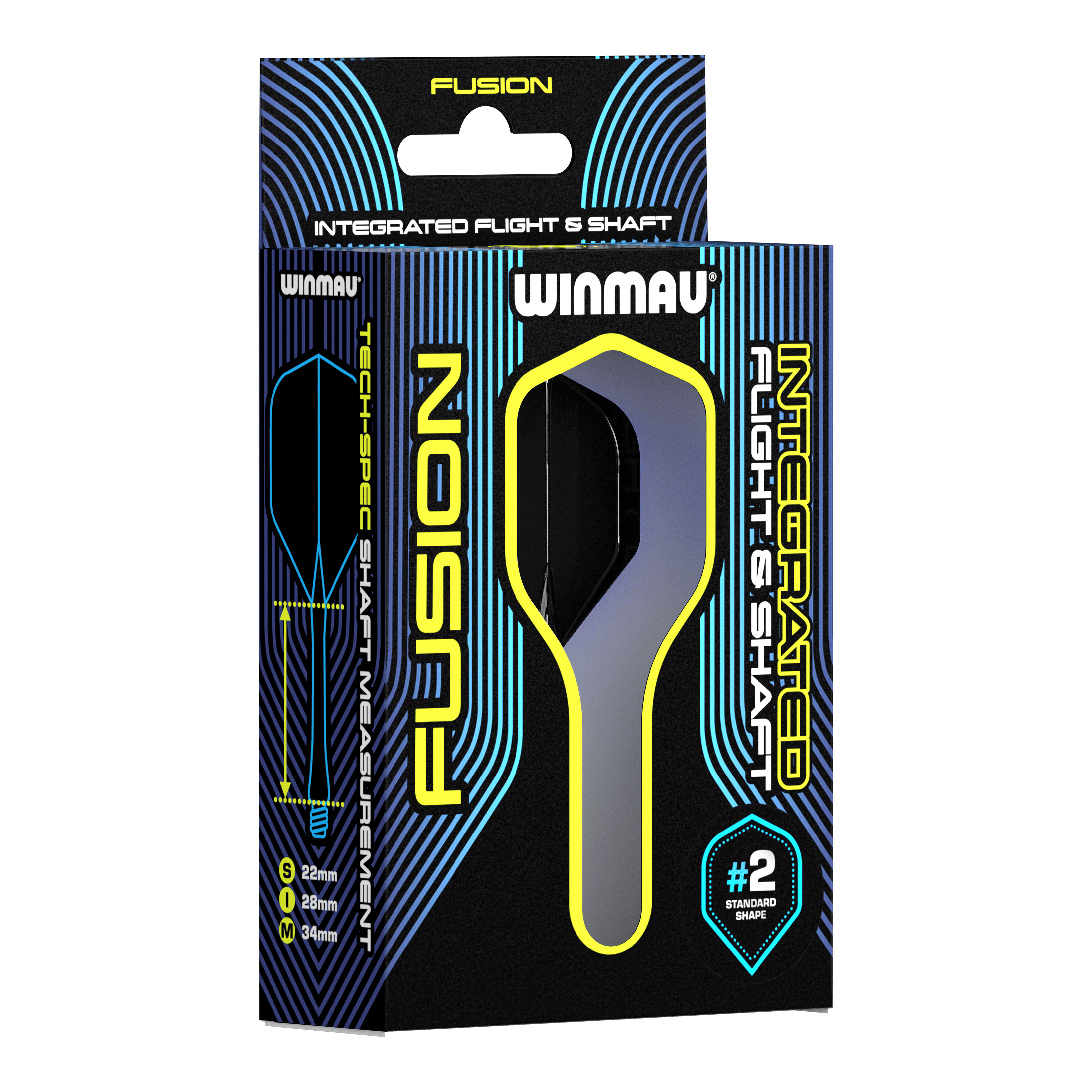 Winmau Fusion Flight Shaft System Standard Black Auf dem Bild ist eine Verpackung des Winmau Fusion Integrated Flight & Shaft Systems zu sehen. Die Schachtel ist schwarz mit blauen und gelben Akzenten und enthält Flights und Shafts für Darts.