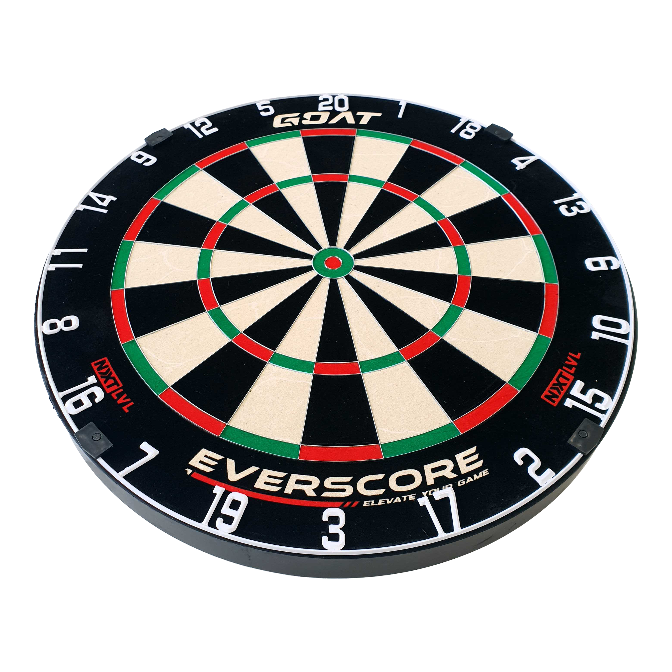 GOAT Everscore Steel Dartboard Das Bild zeigt eine GOAT Everscore Steeldartboard. Die Dartscheibe ist rund und hat farbige Segmente sowie gut sichtbare Zahlen am Rand.