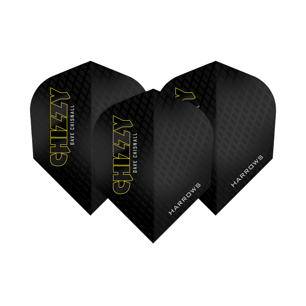 Harrow's Dave Chisnall Chizzy Series 3 Flights Das Bild zeigt drei Dartflights der Marke Harrows aus der Dave Chisnall Chizzy Series 3. Die Flights sind schwarz mit gelbem Schriftzug „CHIZZY“ und verfügen über ein dezentes Rautenmuster.