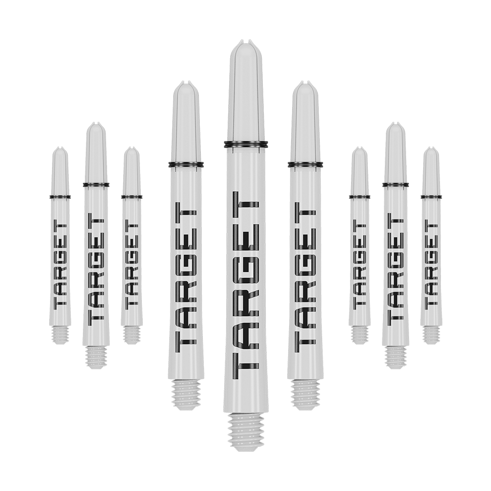 Das Bild zeigt neun weiße Dartschäfte mit der Aufschrift "TARGET" in schwarzer Schrift. Sie sind in zwei Reihen angeordnet, wobei die mittleren Schäfte größer erscheinen.