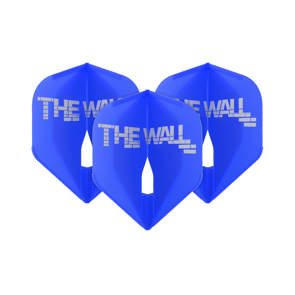 Das Bild zeigt drei blaue Dartflights mit der Aufschrift "THE WALL". Es handelt sich um das Produkt 'L-Style Martin Schindler Blau L1PRO Flights'.