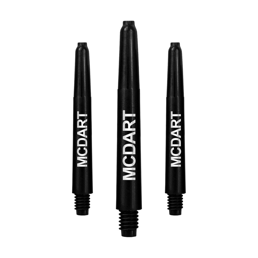 Auf dem Bild sind drei schwarze Dartschäfte aus Nylon zu sehen. Auf jedem Schaft steht in weißer Schrift das Wort "MCDART".