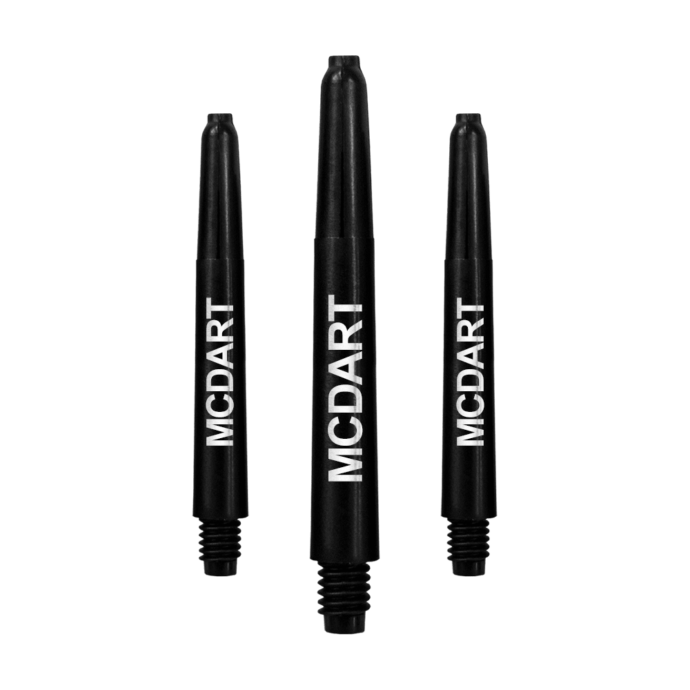 MD-610_Nylon_Shafts_mit_Wunschdruck_Schwarz_40mm_1 Auf dem Bild sind drei schwarze Dartschäfte aus Nylon zu sehen. Auf jedem Schaft steht in weißer Schrift das Wort "MCDART".
