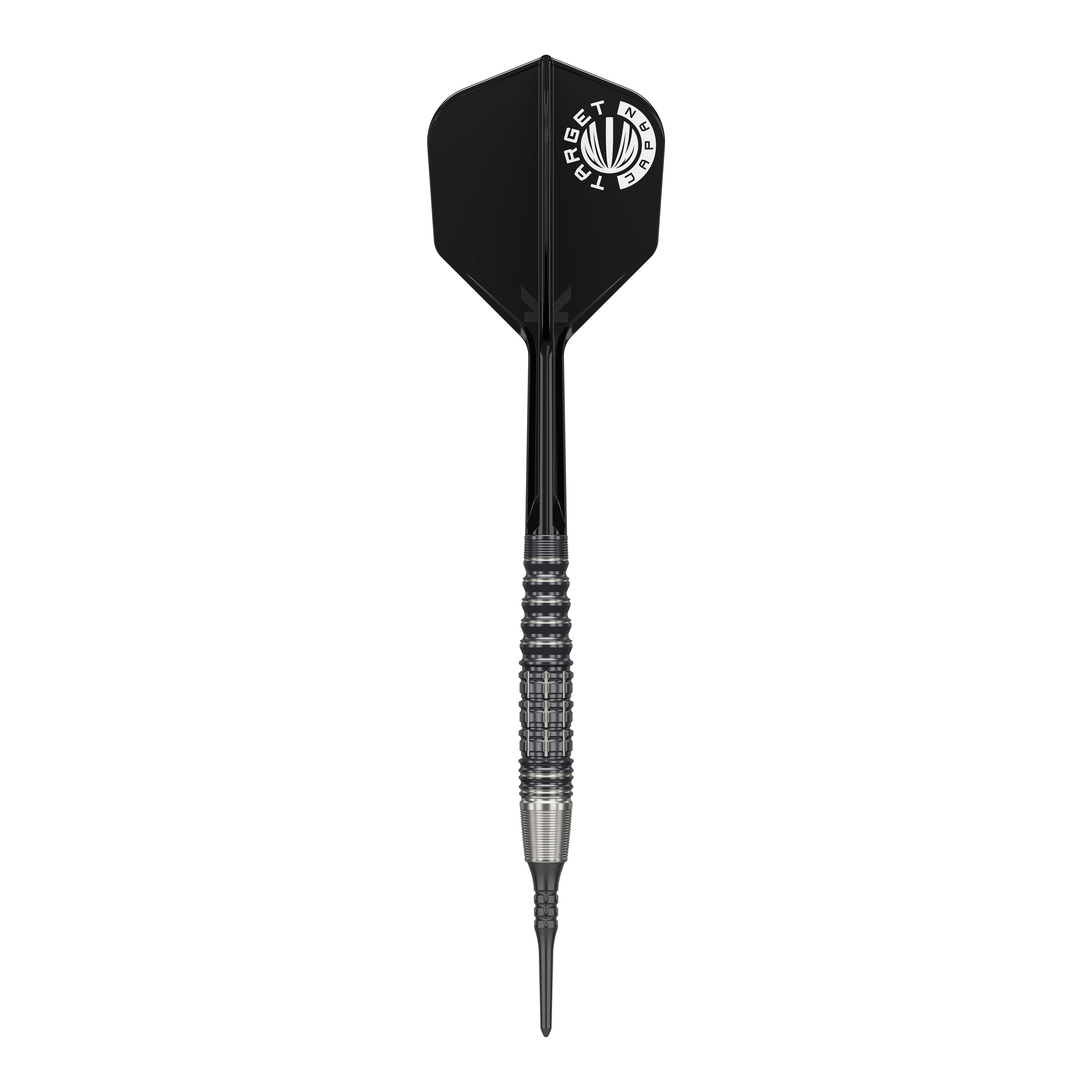 Dies ist ein Softdart aus der Target Japan Prime Series, Modell Harold Ching GEN1 Zenith MAX mit 21g. Der Dart hat ein schwarzes Flight mit weißem Aufdruck und einen silber-schwarzen Griffbereich.