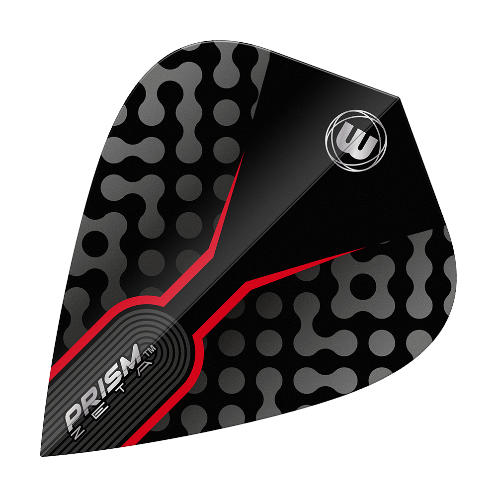 Winmau Zeta Black Red Kite Flights Das Bild zeigt ein Winmau Zeta Black Red Kite Flight für Darts. Das Flight ist schwarz mit grauen Punkten und auffälligen roten Akzenten gestaltet.