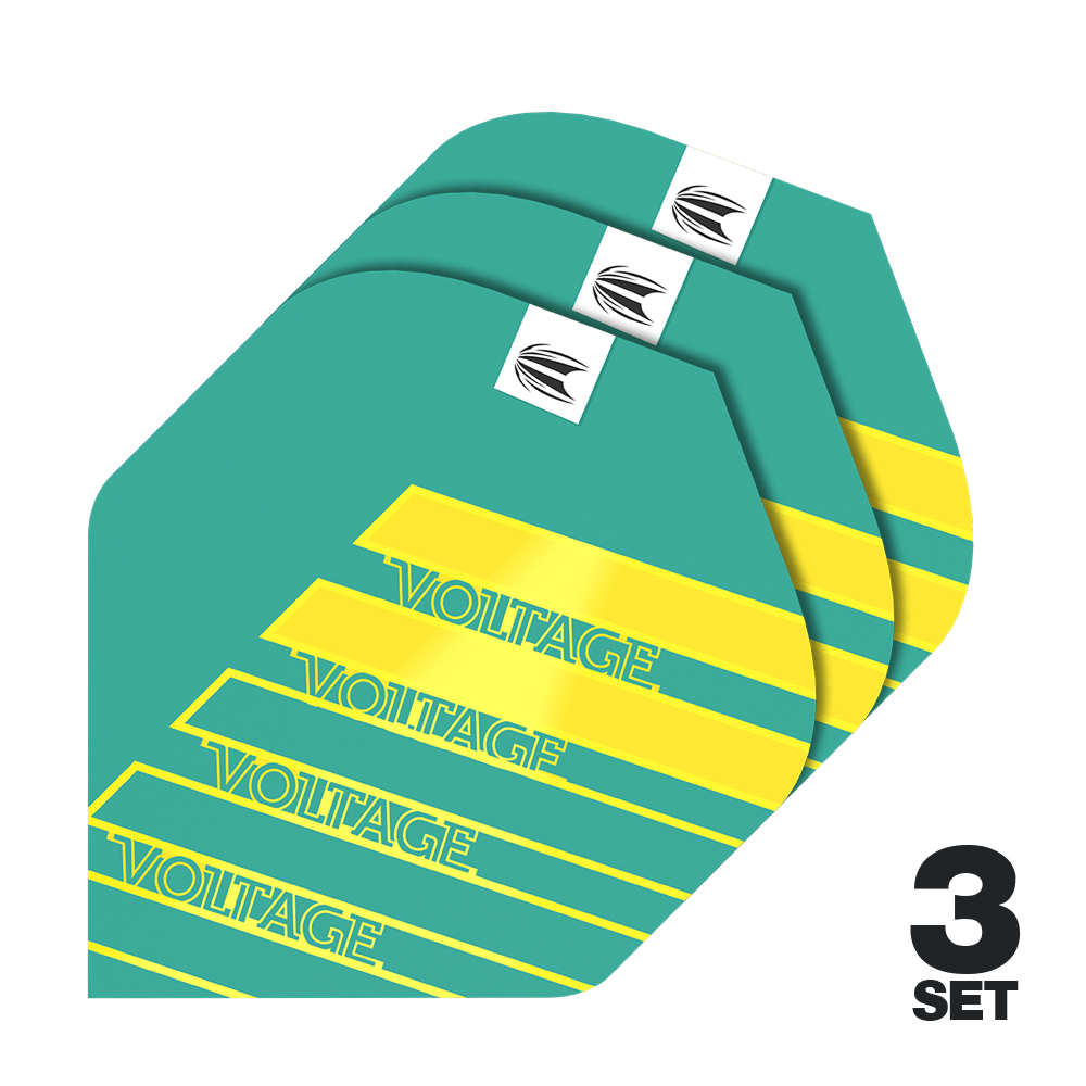 Target Pro Ultra Rob Cross Aqua No2 Standard Flights - 3 sets Das Bild zeigt drei Sets der Target Pro Ultra Rob Cross Aqua No2 Standard Flights. Die Flights sind türkis mit gelben Streifen und dem Schriftzug "VOLTAGE".