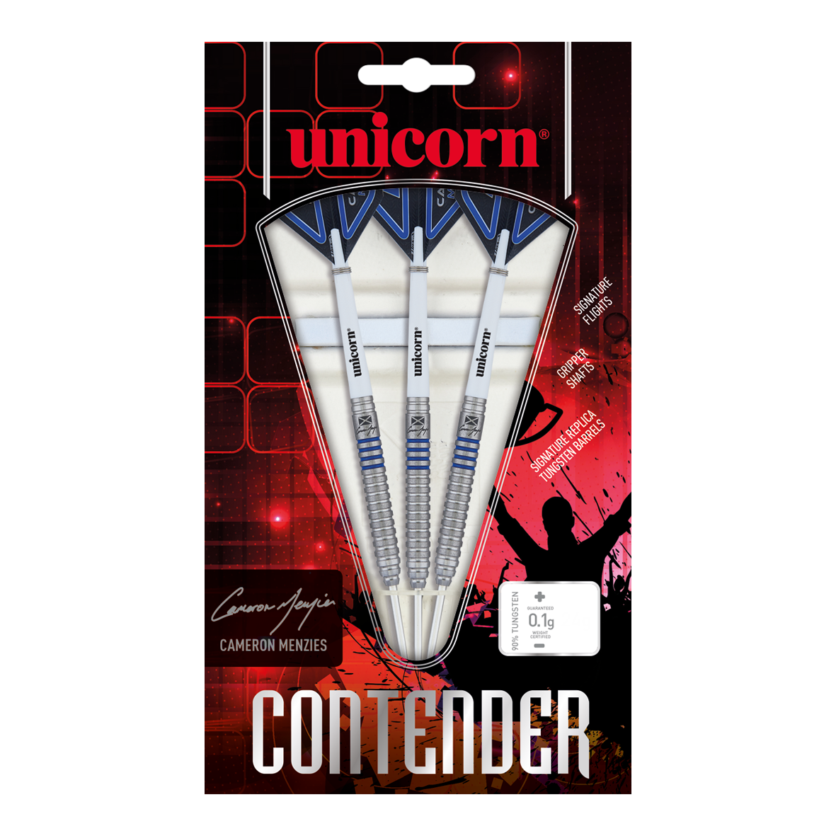 Unicorn Contender Camerion Menzies Steel Darts - 23g Das Bild zeigt eine Packung Unicorn Contender Camerion Menzies Steeldarts mit einem Gewicht von 23g. In der Verpackung befinden sich drei silberne Darts mit blauen Akzenten.