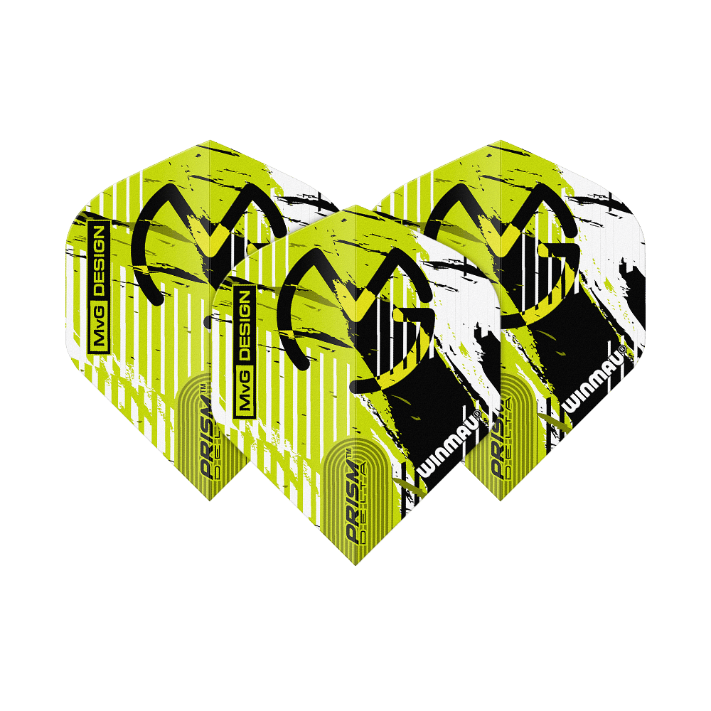 Winmau Delta Michael Van Gerwen Prism 03 Standard Flights Das Bild zeigt drei Dartflights des Modells "Winmau Delta Michael Van Gerwen Prism 03 Standard". Die Flights sind gelb-schwarz-weiß gestaltet und tragen das MVG-Logo sowie die Aufschrift "PRISM DELTA" und "WINMAU".