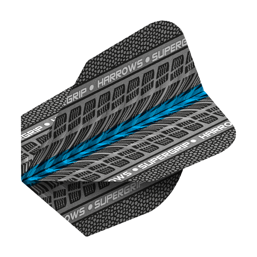 HR75_Harrows_Supergrip_Blau_No6_Flights_2 Das Bild zeigt das Produkt "Harrows Supergrip Blau No6 Flights". Es handelt sich um ein Dart-Flügel-Design in Grau mit blauen und weißen Akzenten.