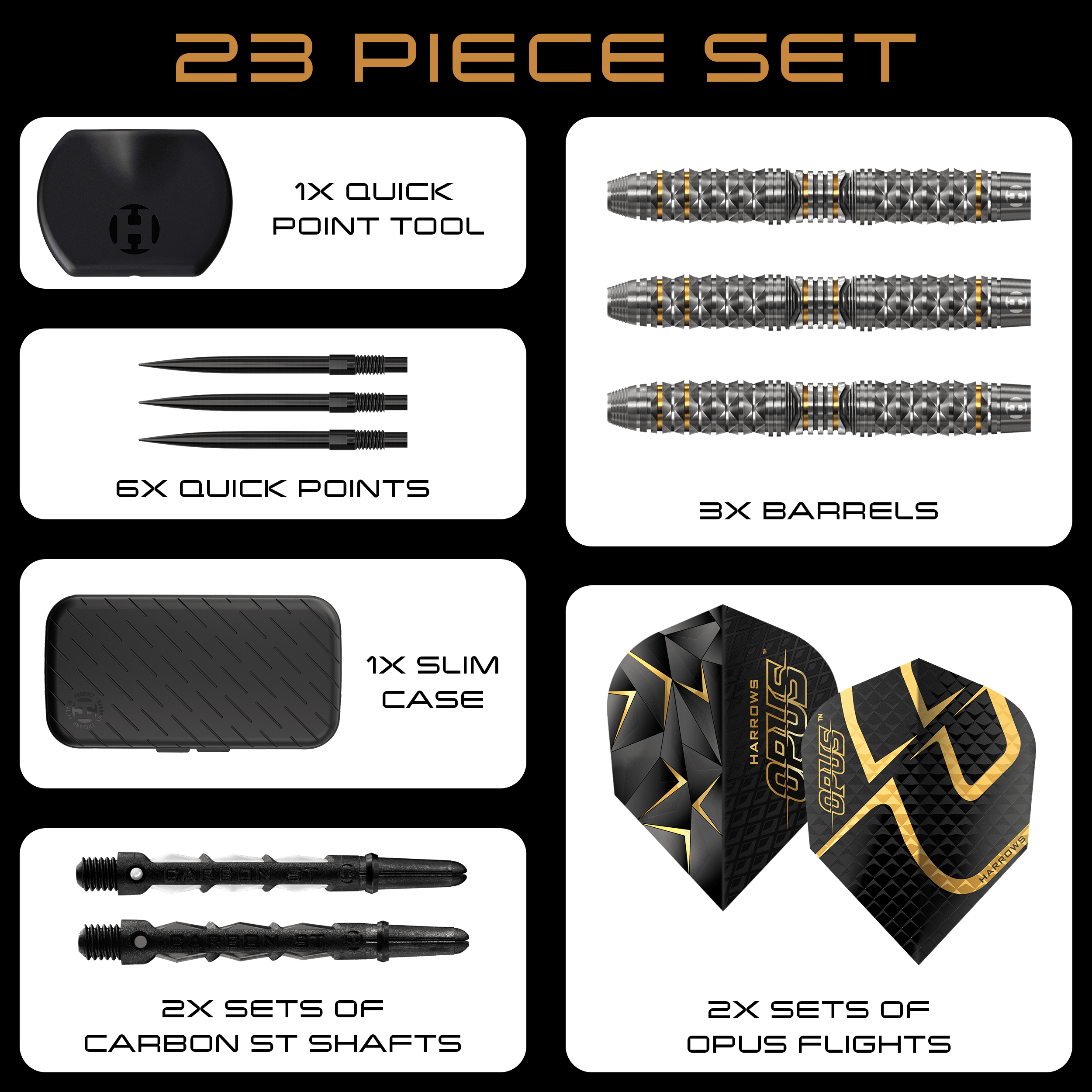 Harrow's Opus Quick Point steel darts Auf dem Bild sind die Harrows Opus Quick Point Steeldarts mit 23g zu sehen. Diese Darts eignen sich für das Steeldartspiel.
