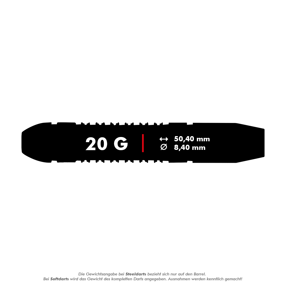Unicorn Top Brass V1 Steeldarts - 20g Das Bild zeigt die Produktangaben für den "Unicorn Top Brass V1 Steeldarts - 20g". Es hat ein Gewicht von 20 Gramm, eine Länge von 50,40 mm und einen Durchmesser von 8,40 mm.