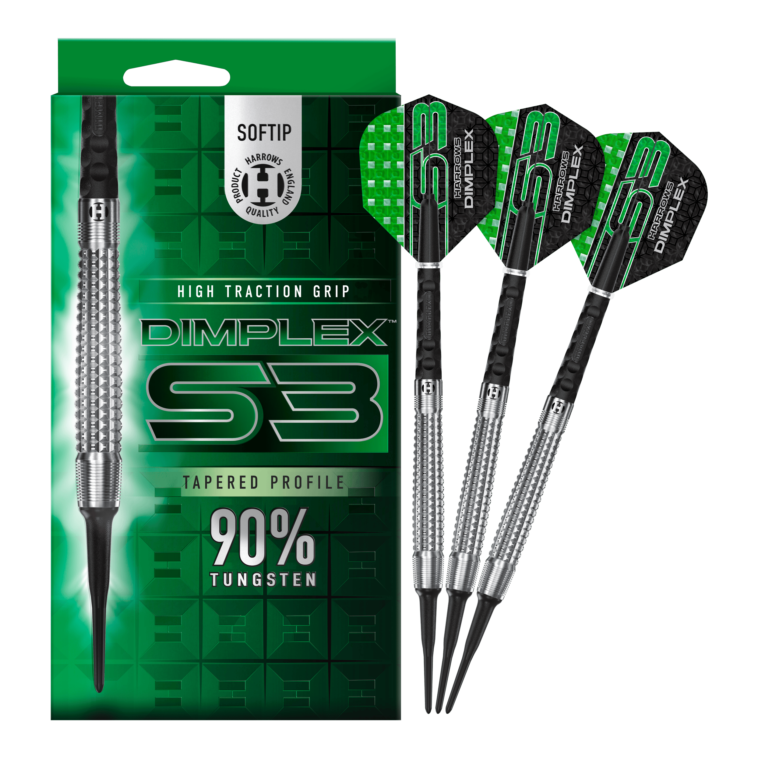 Harrows Dimplex S3 Tapered Soft Darts Das Bild zeigt eine Packung und drei Softdarts der Marke "Harrows Dimplex S3 Tapered". Die Darts bestehen zu 90 % aus Tungsten und haben eine hohe Grifftraktion.