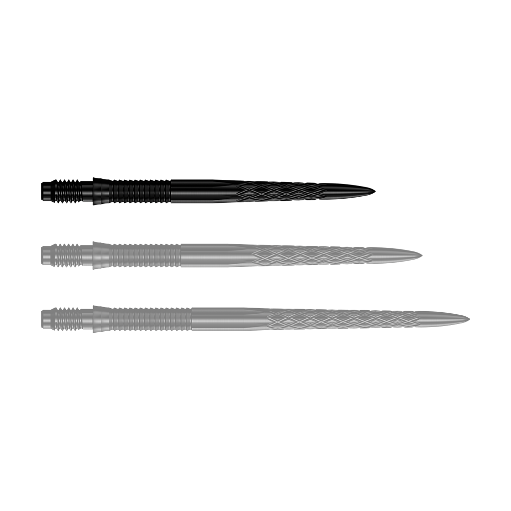 Das Bild zeigt eine Reihe von schwarzen Dartspitzen mit der Bezeichnung 30mm. Die Spitze ist für den Einsatz in Darts geeignet.