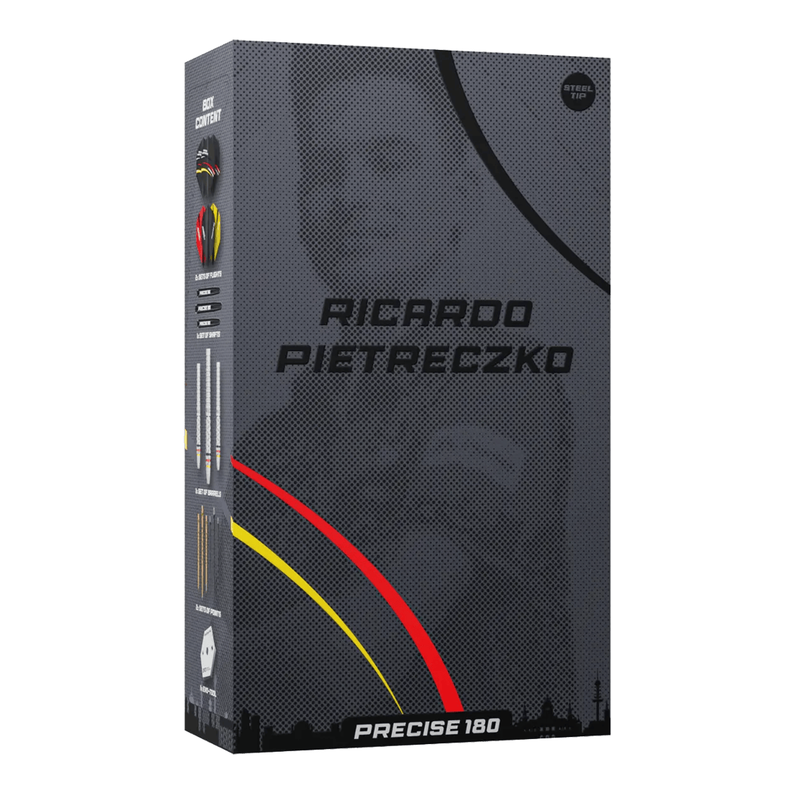 Precise 180 Ricardo Pietreczko GEN1 steel darts Precise 180 Ricardo Pietreczko GEN1 Steeldarts zeigen das Design dieser hochwertigen Dartpfeile. Diese Darts sind ideal für Wettkampfspieler.