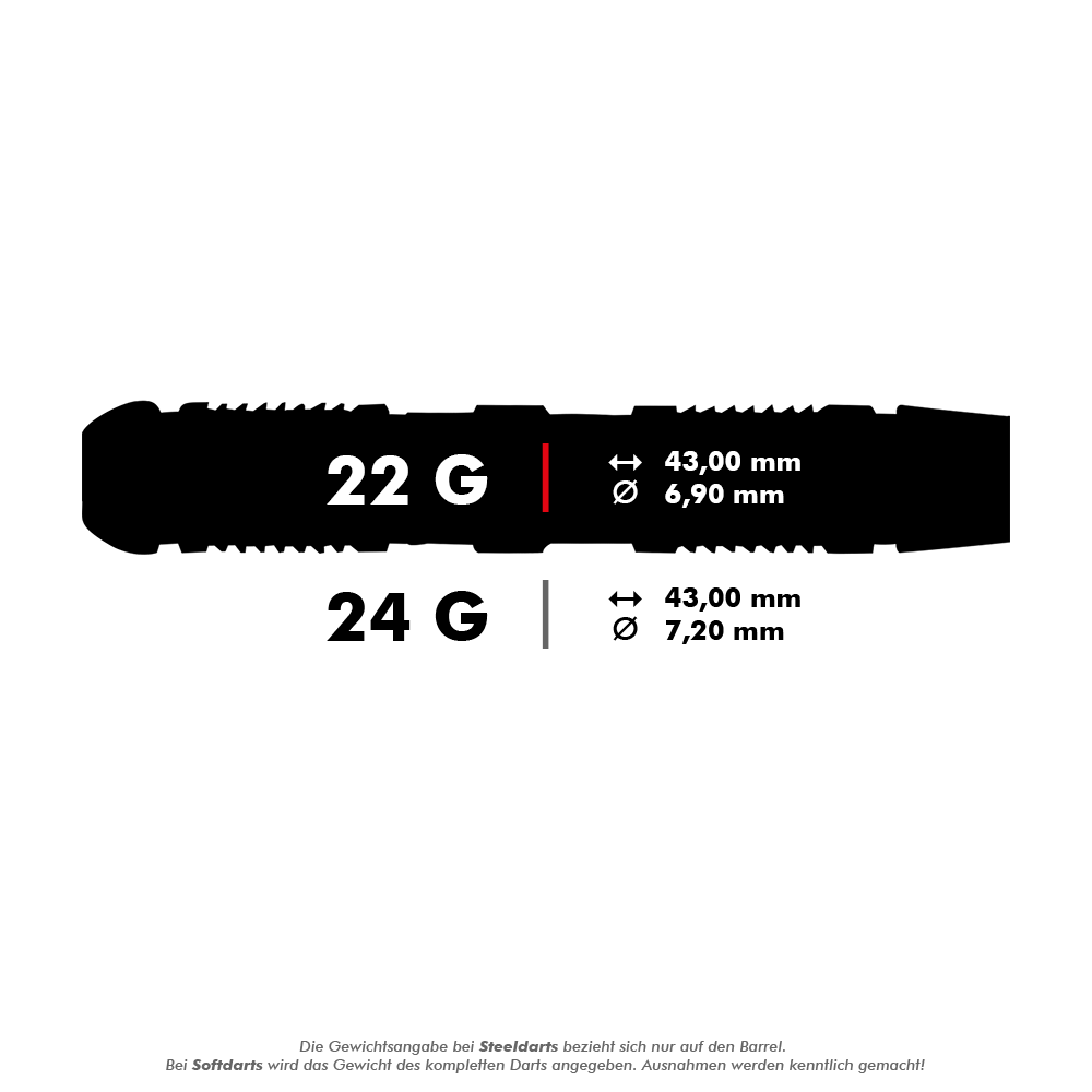 Unicorn Ballista Style 2 steel darts Das Bild zeigt die Maße von Steeldarts in zwei verschiedenen Gewichtsklassen: 22 Gramm und 24 Gramm. Beide Darts sind 43,00 mm lang, aber der Durchmesser beträgt 6,90 mm bei 22 Gramm und 7,20 mm bei 24 Gramm.