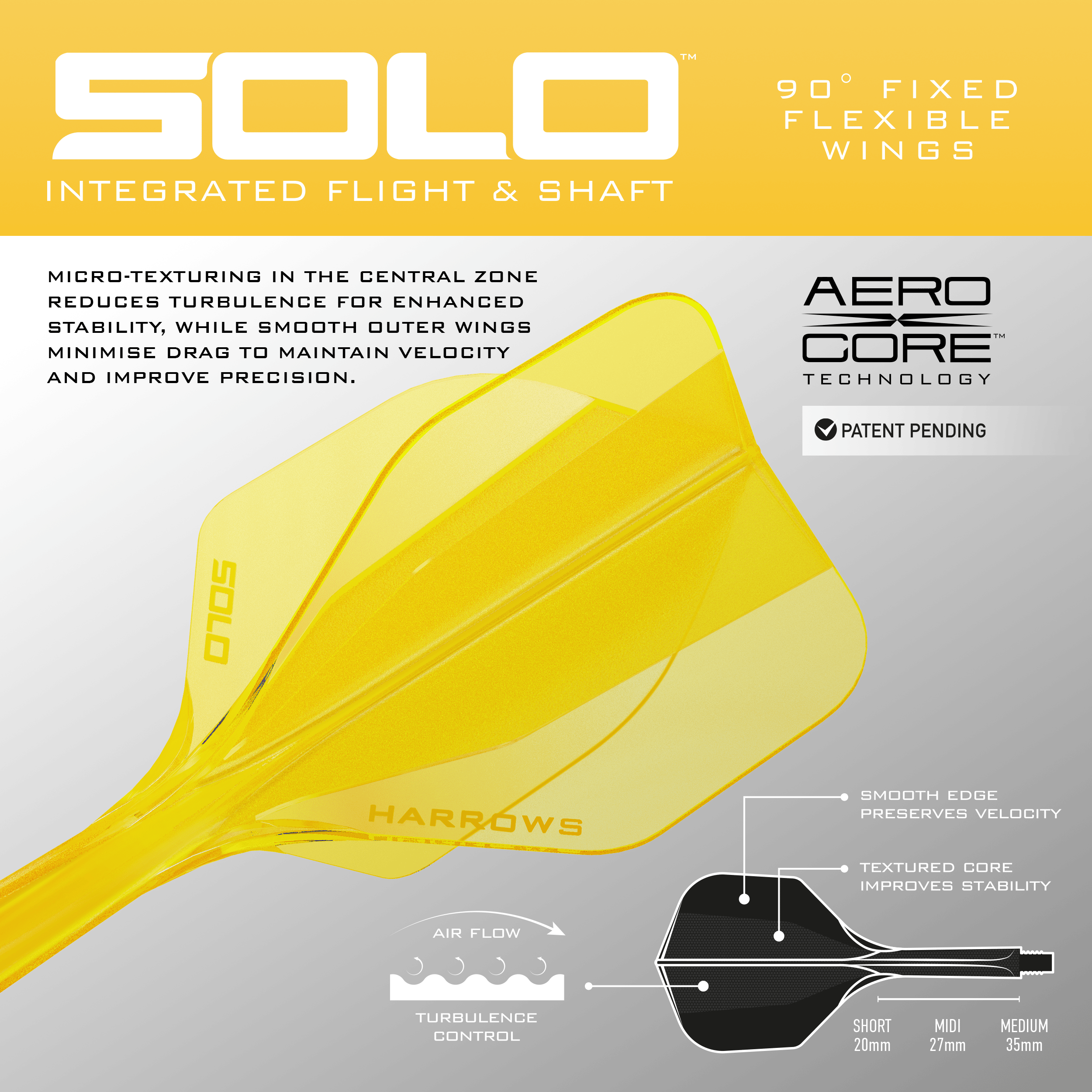 Abgebildet ist das Harrows Solo No6 Flight-Shaft-System in Gelb. Dieses Produkt wird als Teil für Dartpfeile verwendet.